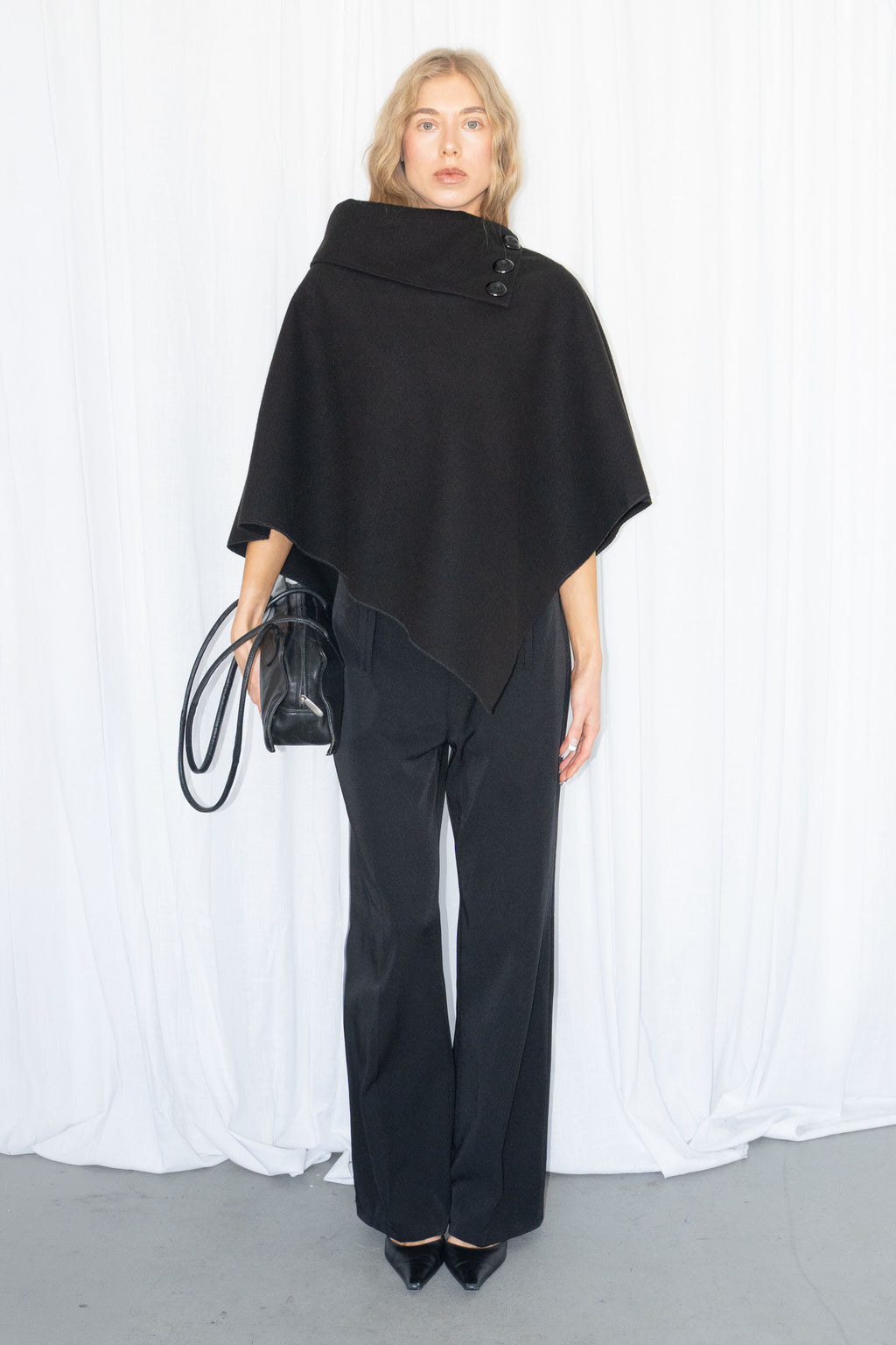 Black Asymmetric Cashmere & Wool Cape - No Size