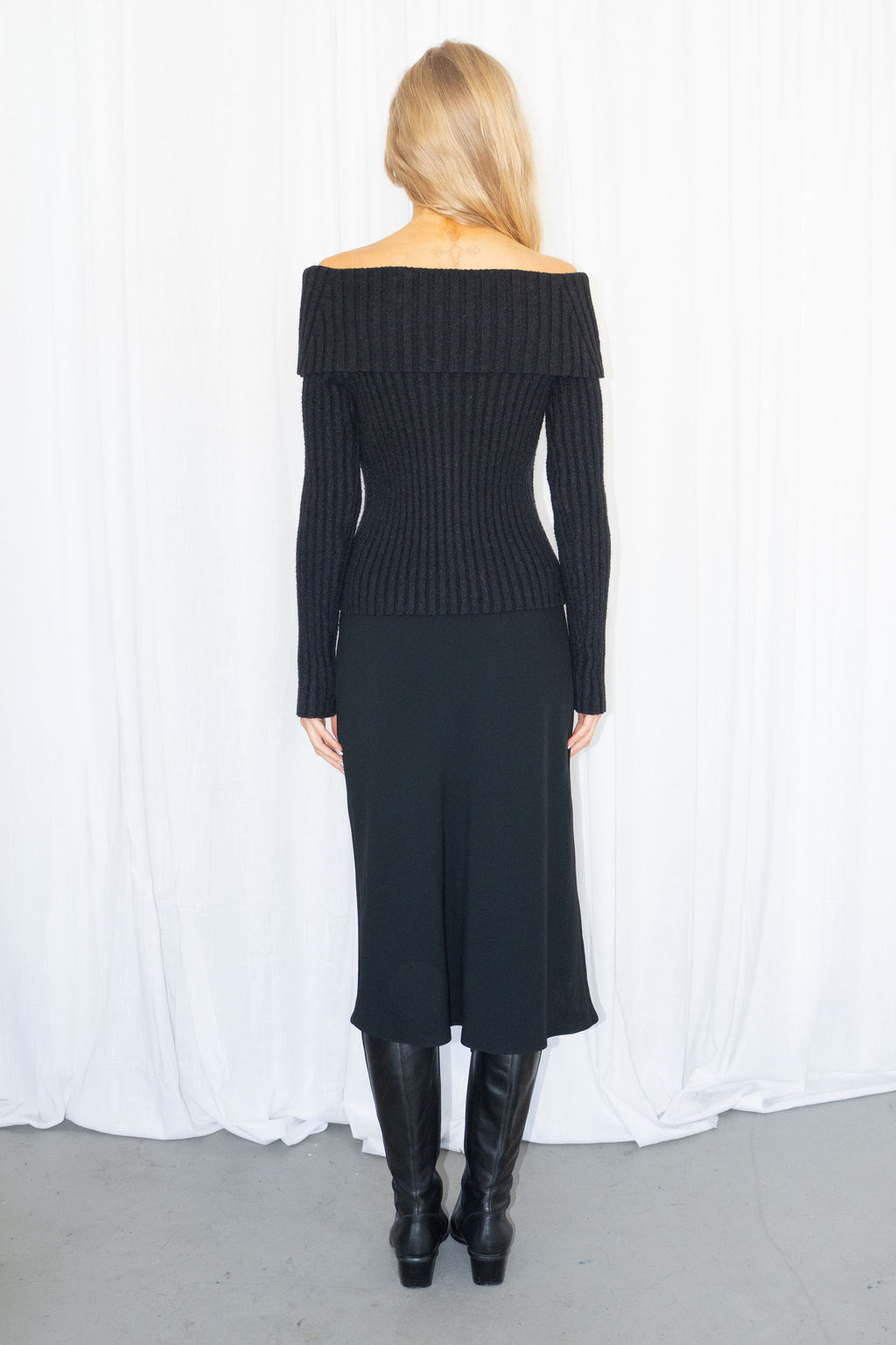 Black Off-Shoulder Ribbed Knit Sweater - Size M