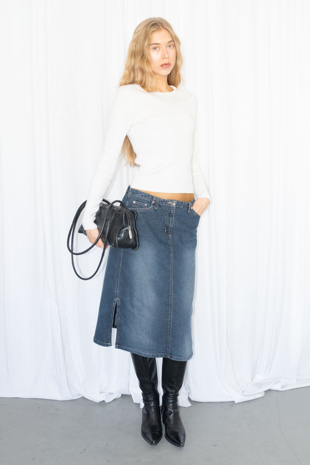 Blue Denim Midi Skirt - Size M/L