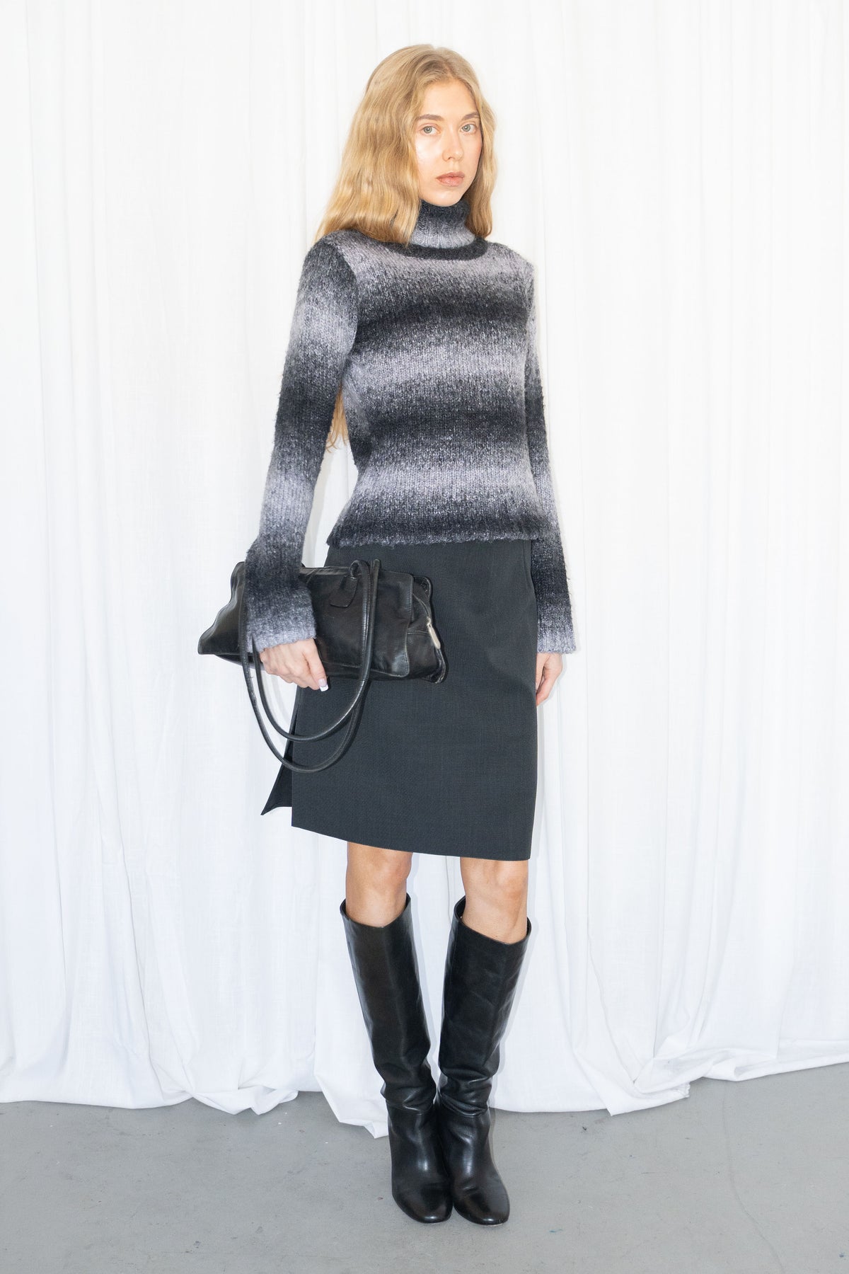Black/White Ombre Turtleneck Knit Sweater Wool - Size S/M
