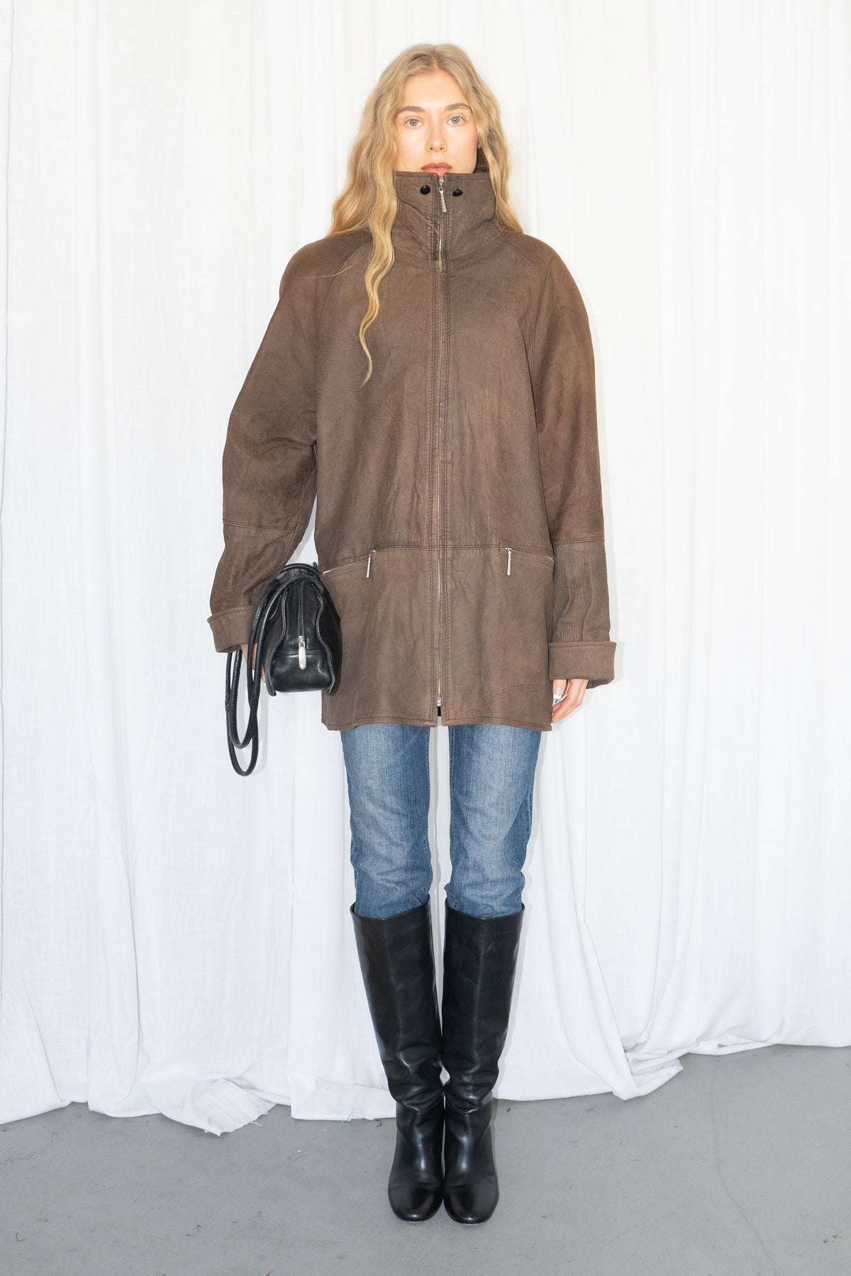 Brown High-Neck Leather Jacket - Size XL