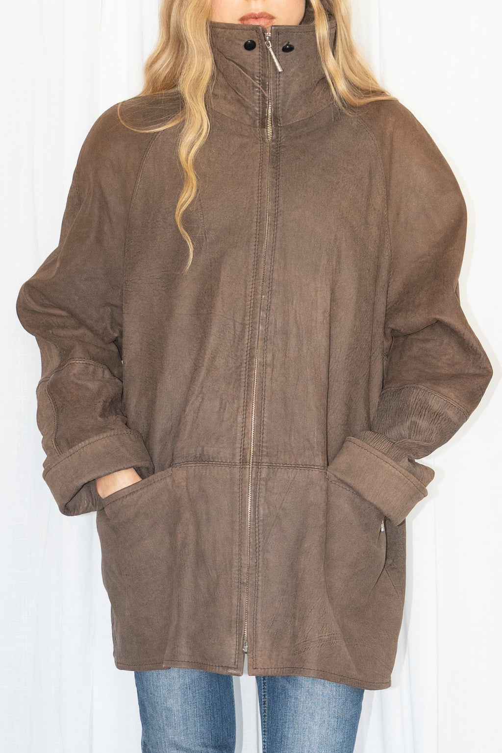 Brown High-Neck Leather Jacket - Size XL