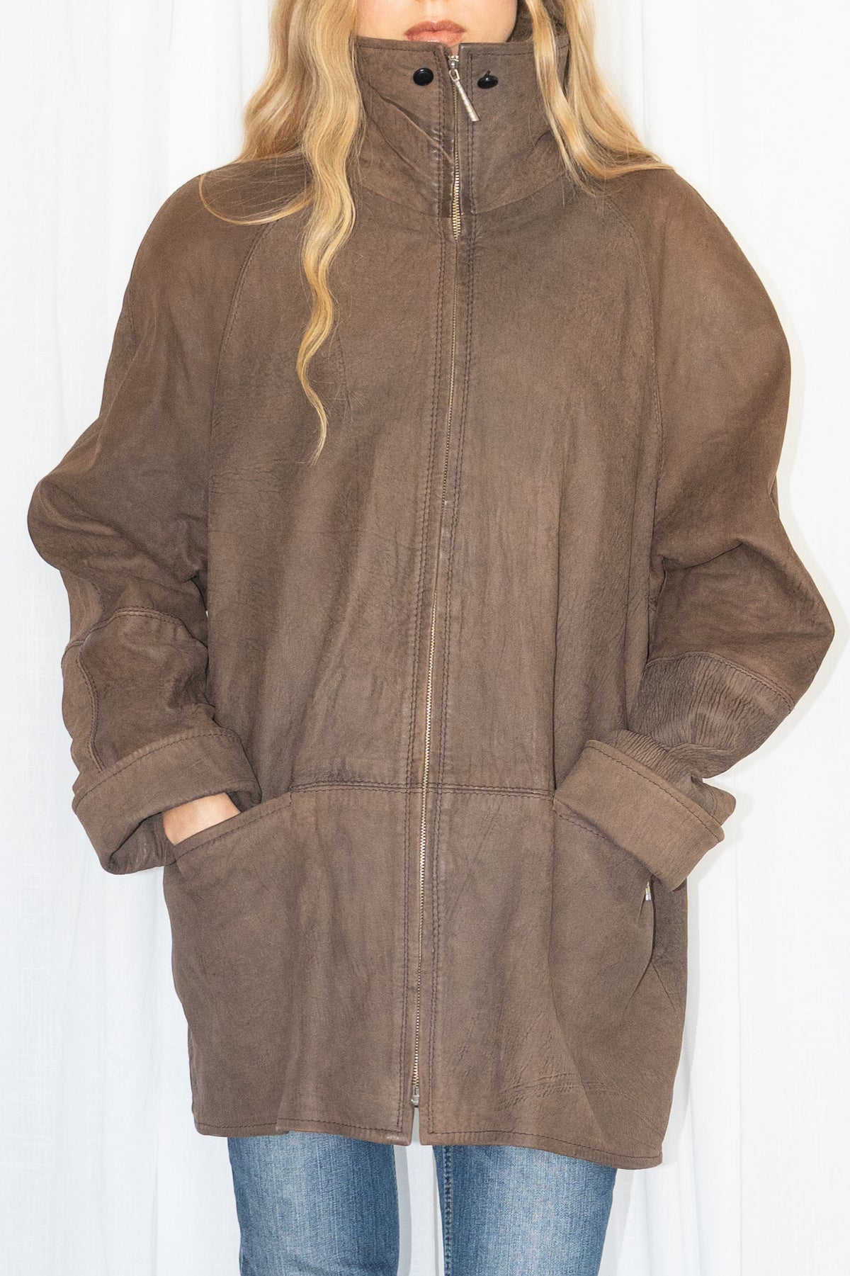 Brown High-Neck Leather Jacket - Size XL