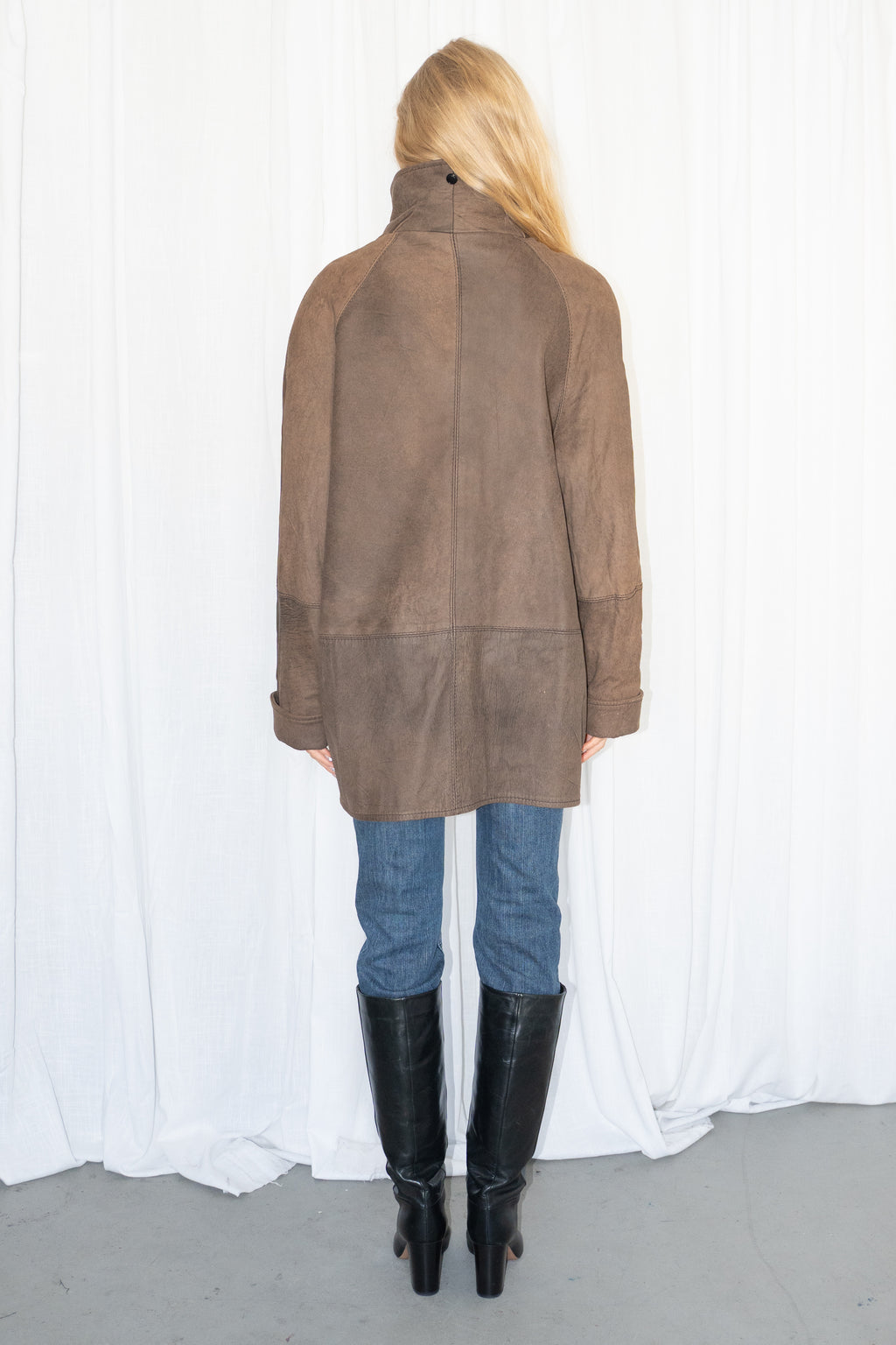 Brown High-Neck Leather Jacket - Size XL
