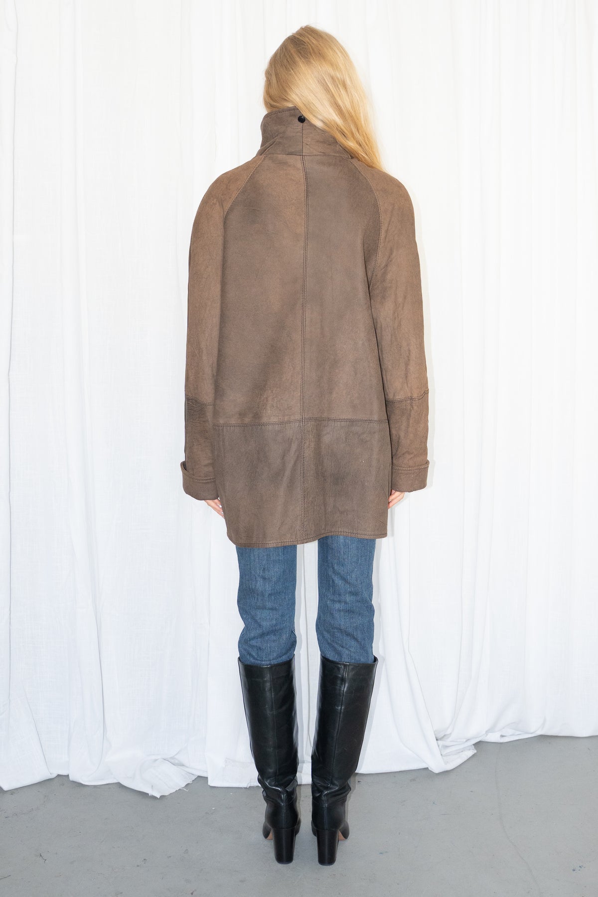 Brown High-Neck Leather Jacket - Size XL