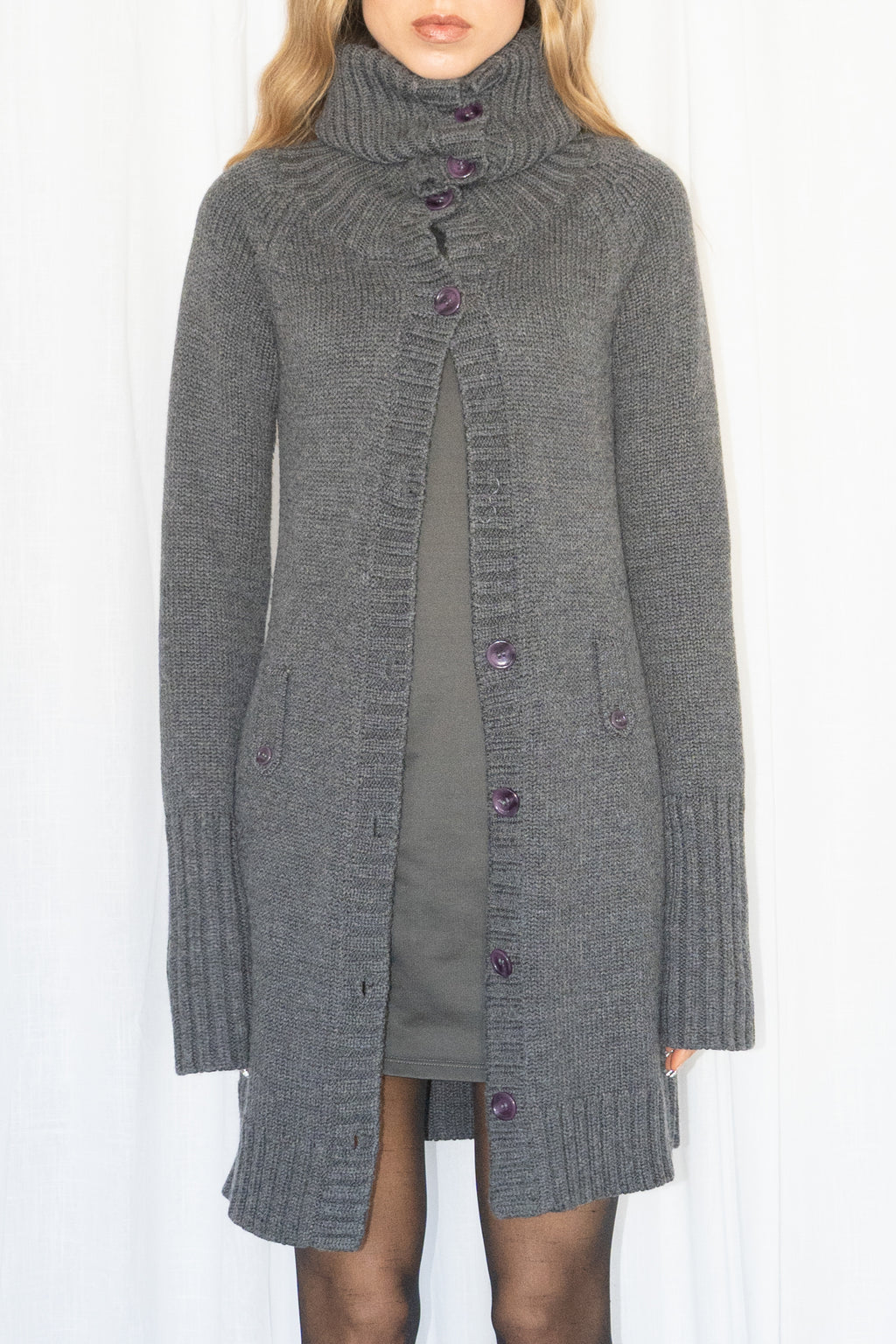 Charcoal 50% Merino Wool Grey Wool Long Cardigan - Size S/M
