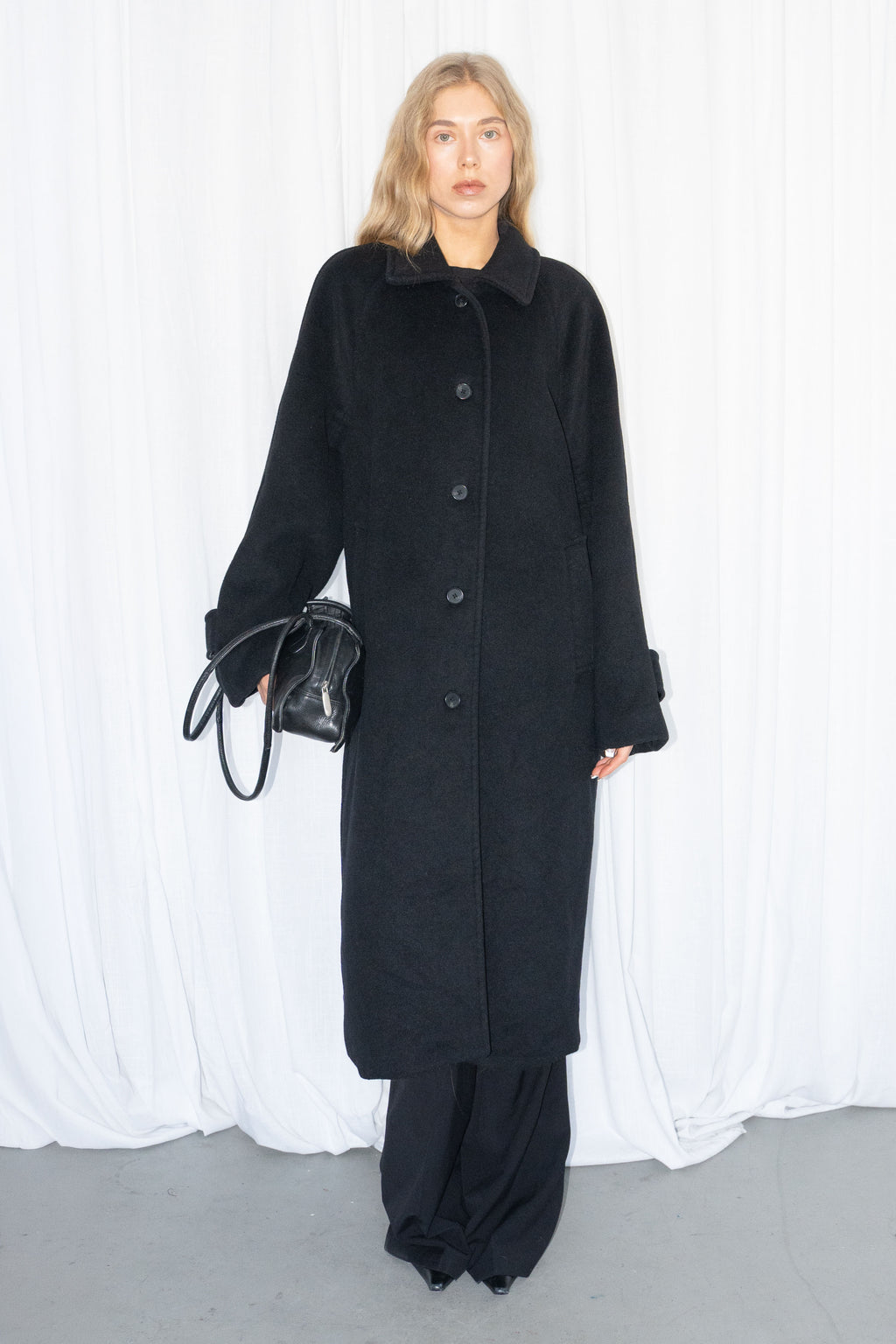 Black Wool Long Coat - Size L/XL