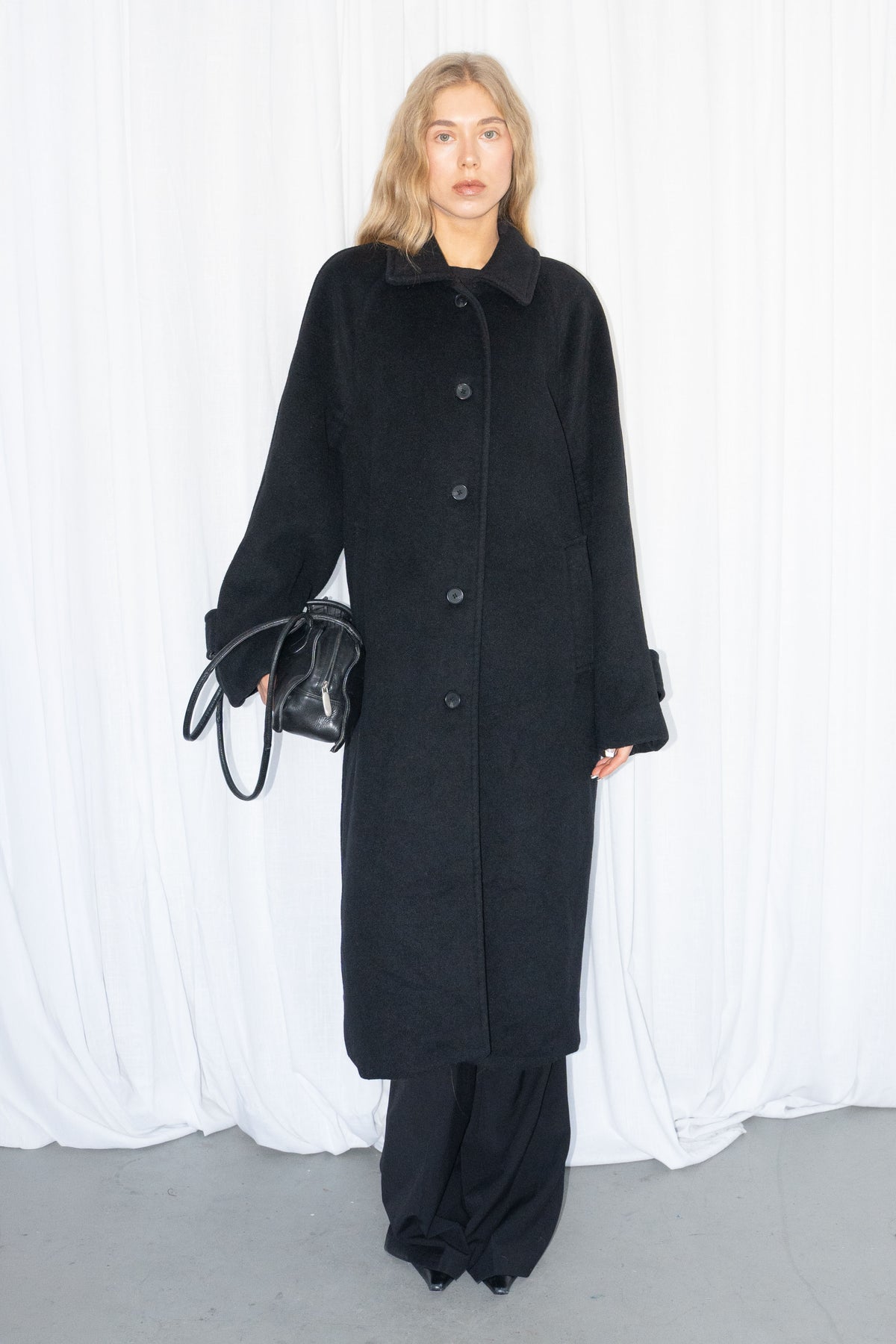Black Wool Long Coat - Size L/XL