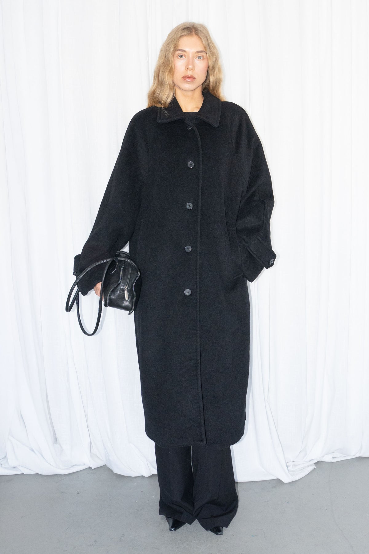 Black Wool Long Coat - Size L/XL