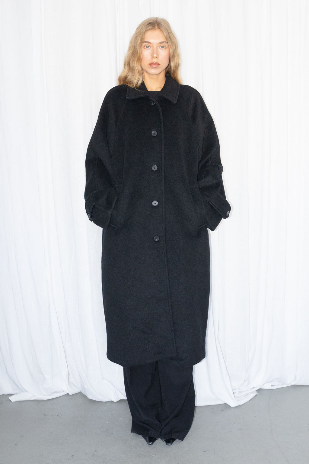 Black Wool Long Coat - Size L/XL