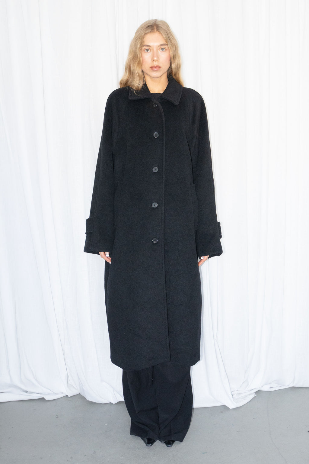 Black Wool Long Coat - Size L/XL