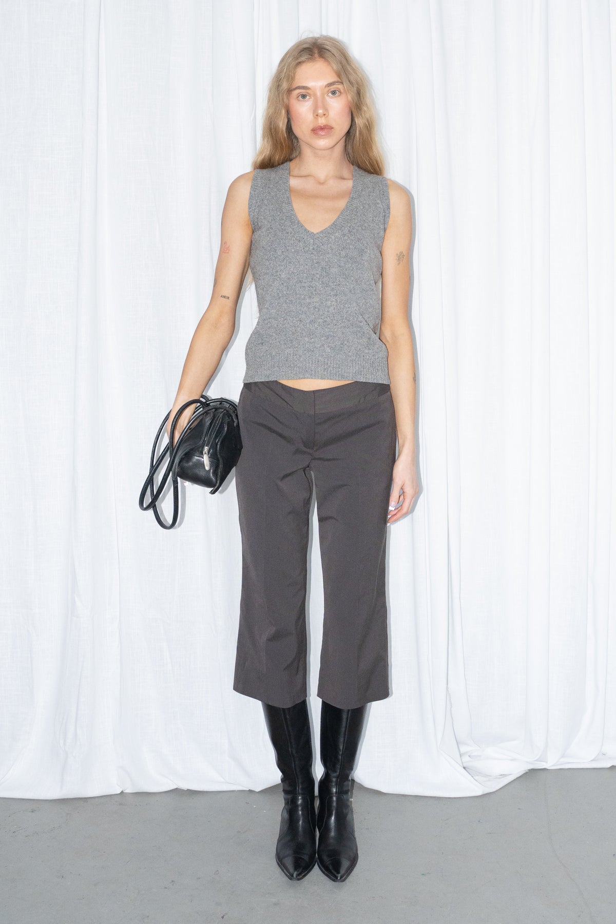 Grey/Brown Tailored Capri Trousers - Size S
