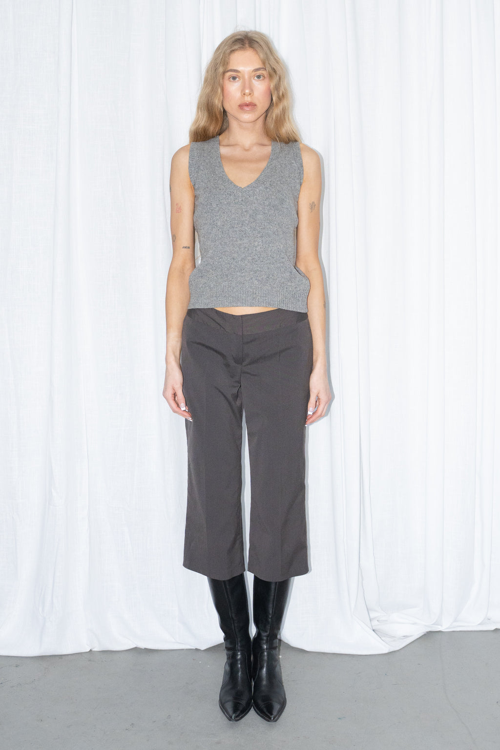 Grey/Brown Tailored Capri Trousers - Size S