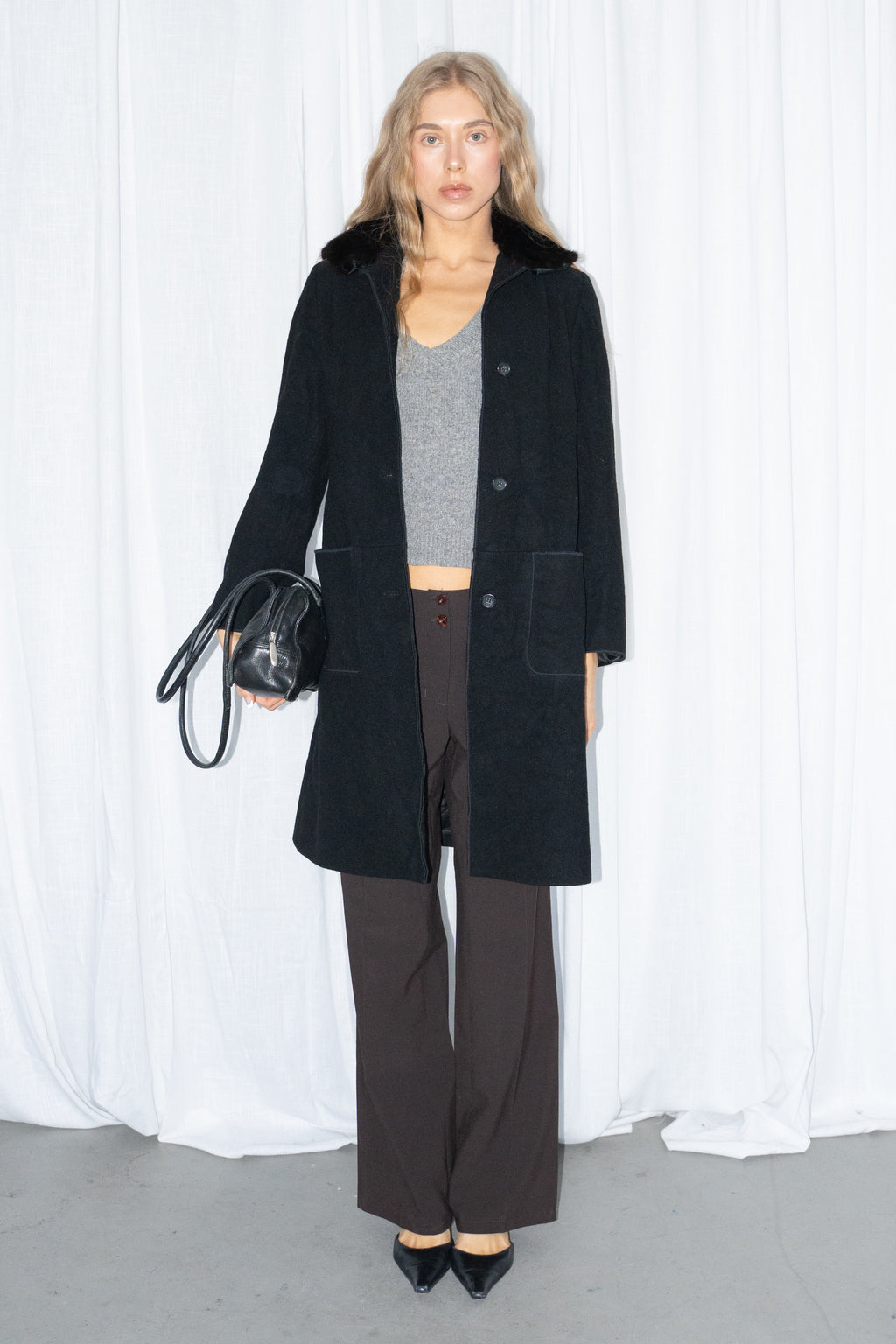 Black Fur Collar Coat - Size S