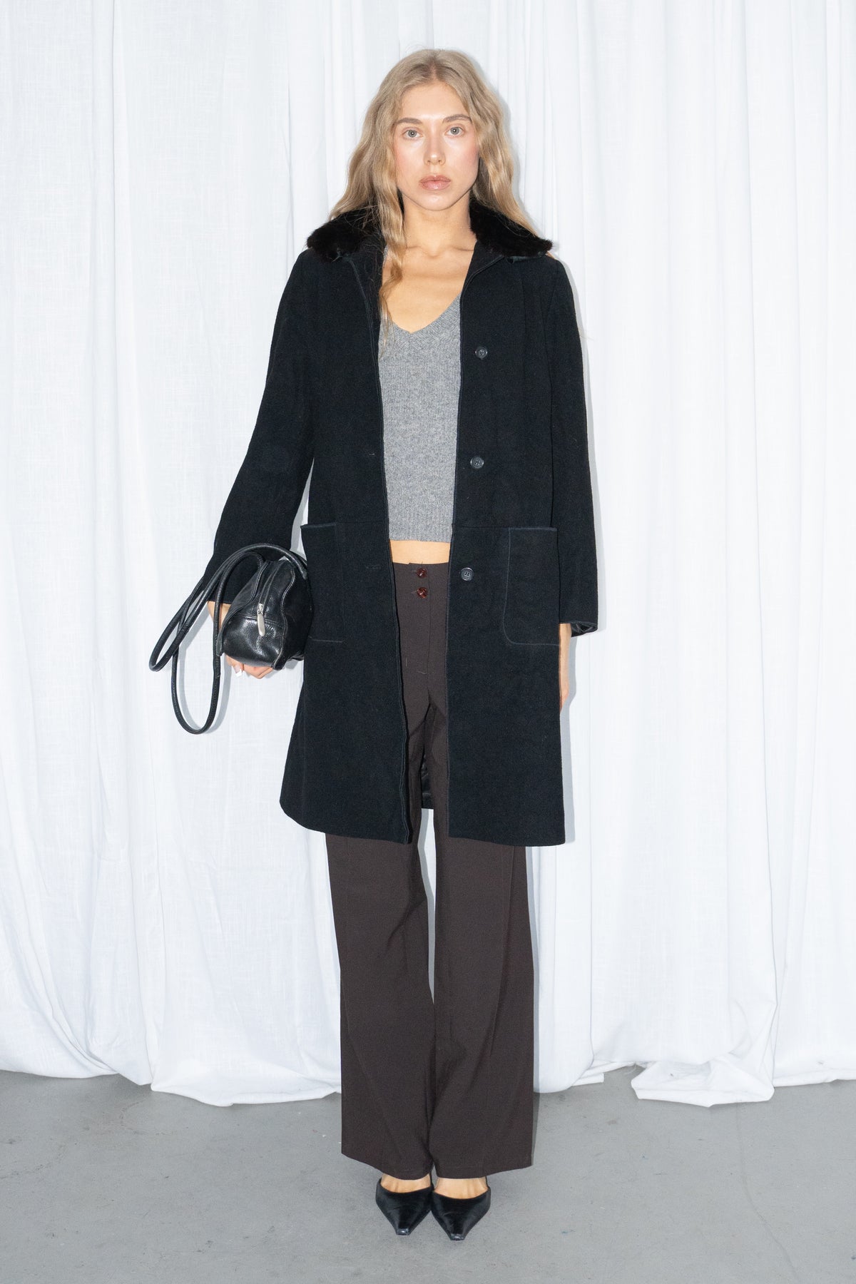 Black Fur Collar Coat - Size S