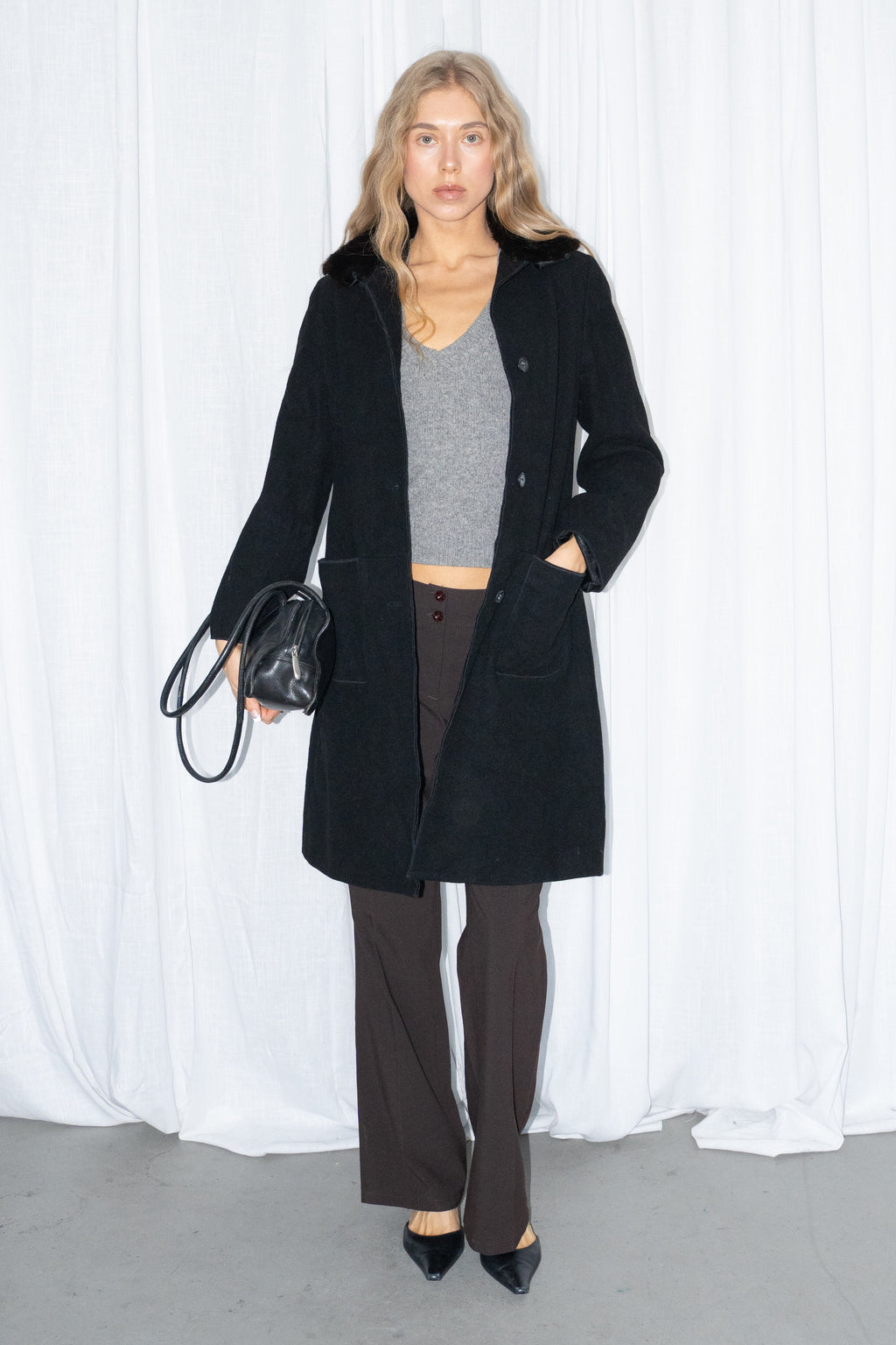 Black Fur Collar Coat - Size S