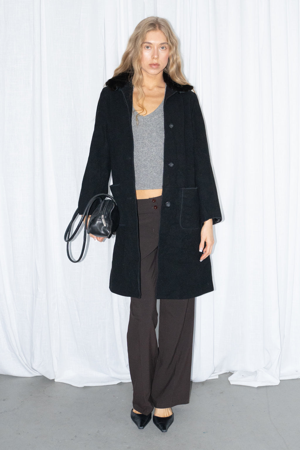 Black Fur Collar Coat - Size S