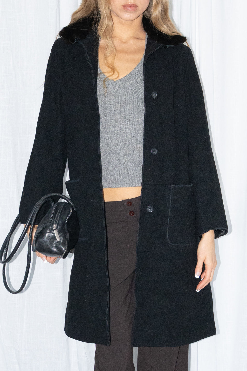 Black Fur Collar Coat - Size S