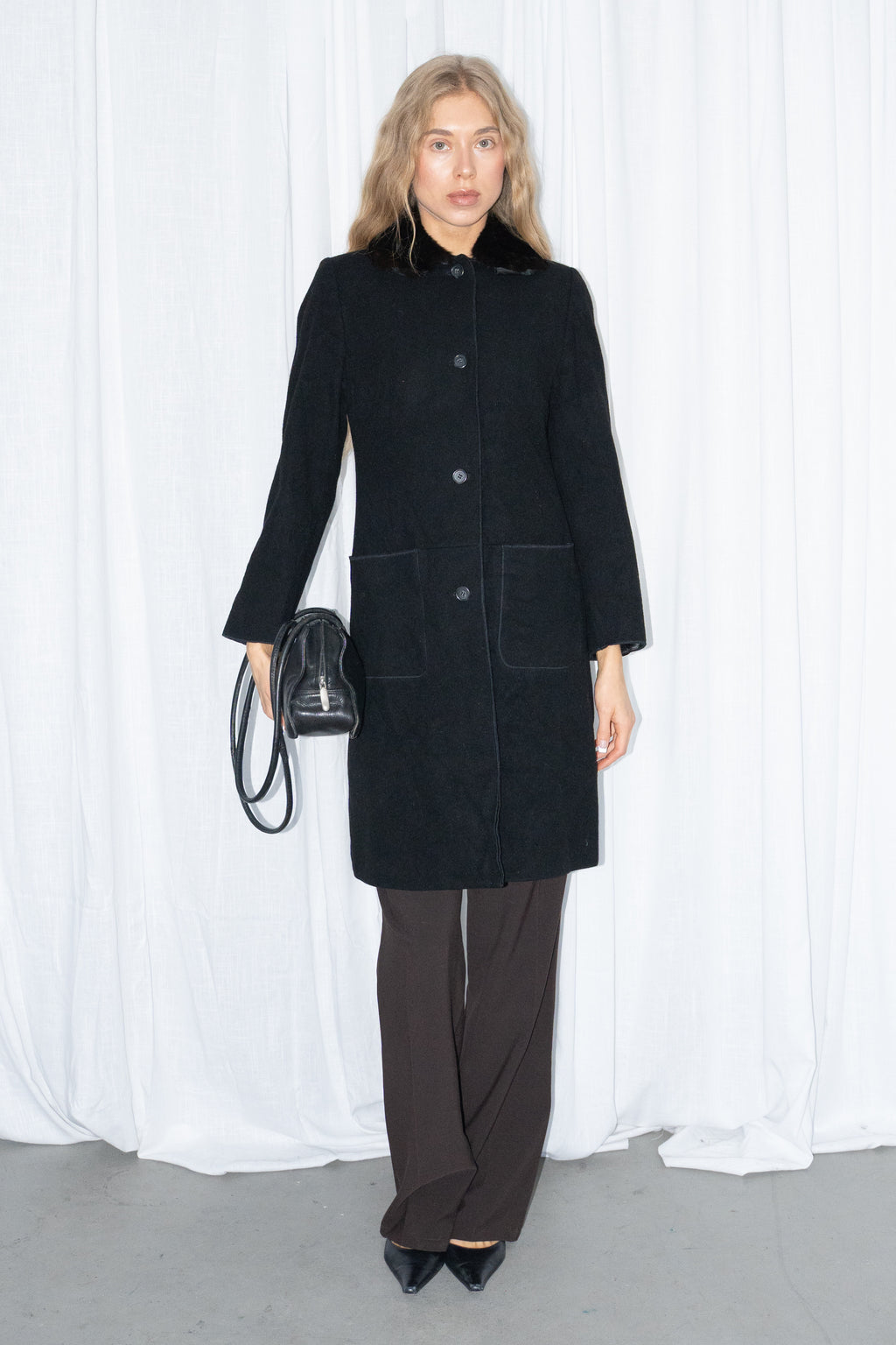 Black Fur Collar Coat - Size S