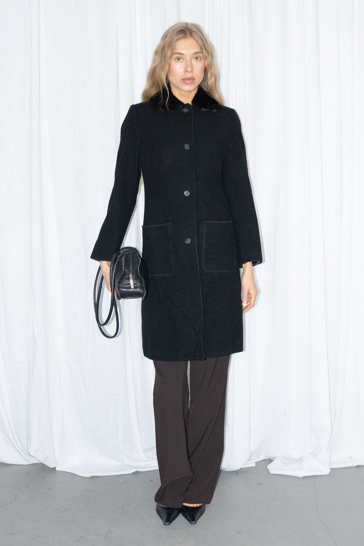 Black Fur Collar Coat - Size S