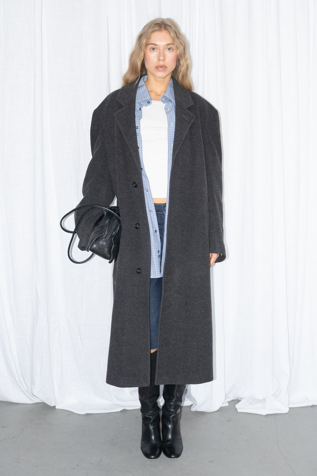 Grey Oversized Wool Long Coat - Size XL