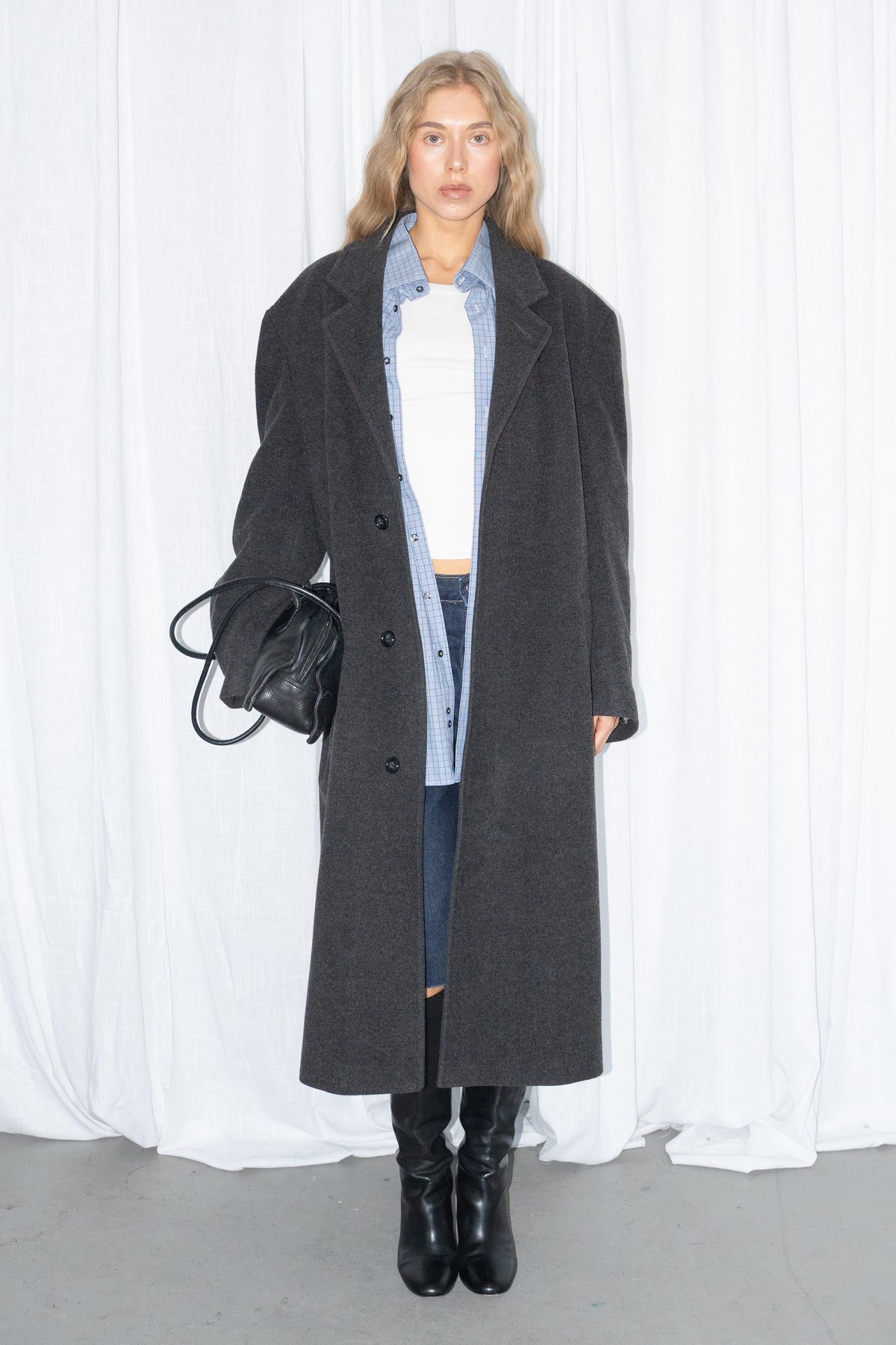 Grey Oversized Wool Long Coat - Size XL