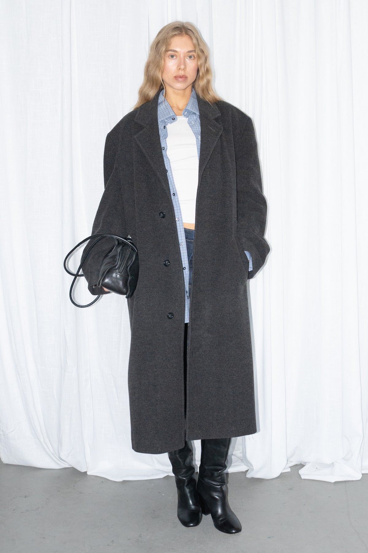 Grey Oversized Wool Long Coat - Size XL