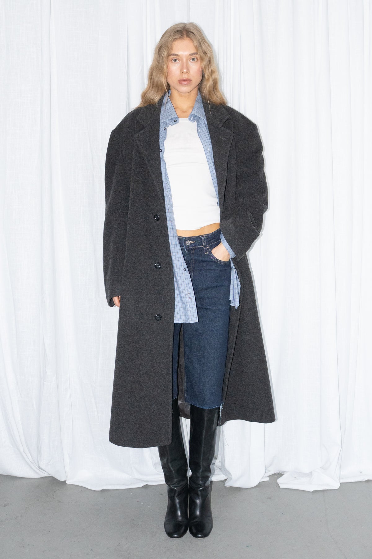 Grey Oversized Wool Long Coat - Size XL