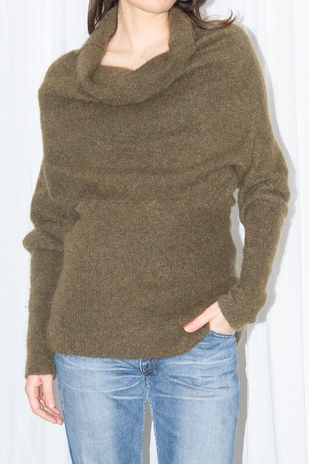 Olive Cowl-Neck Chunky Mohair & Wool Knit Sweater - Size S