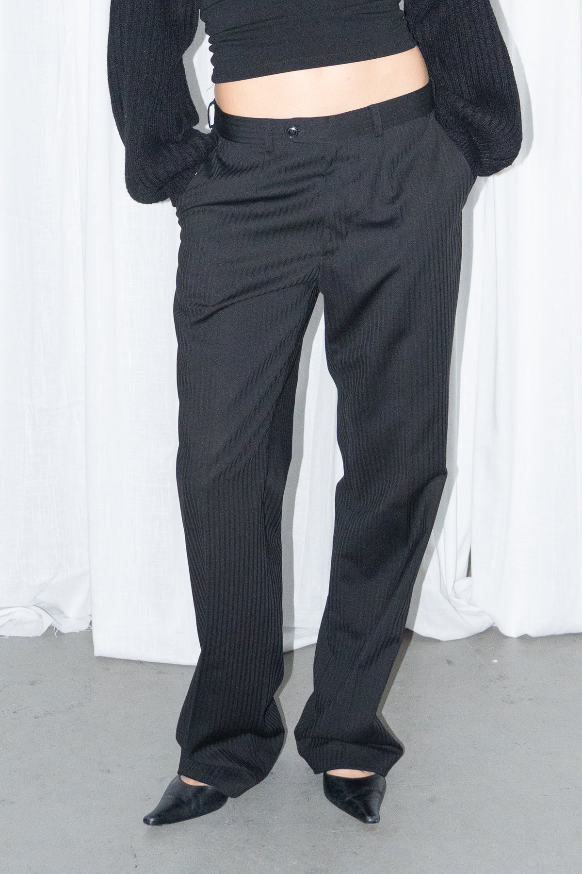 Black 60% Wool Textured Pinstriped Trousers - Size S/M