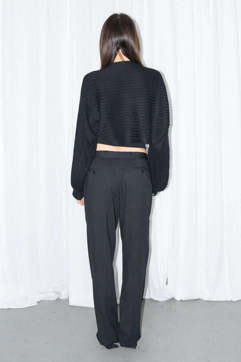 Black 60% Wool Textured Pinstriped Trousers - Size S/M