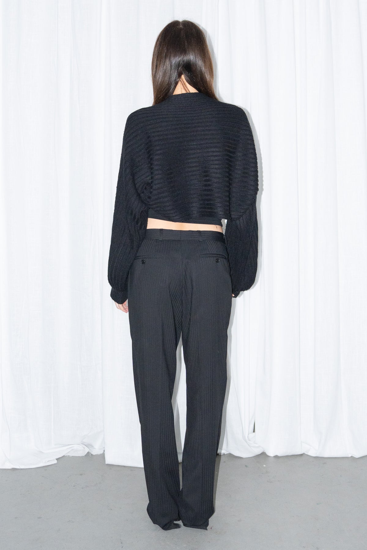 Black 60% Wool Textured Pinstriped Trousers - Size S/M