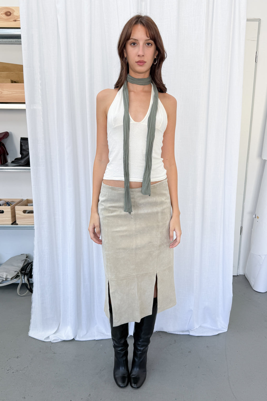 Beige Suede Skirt With Splits 2 - Size L
