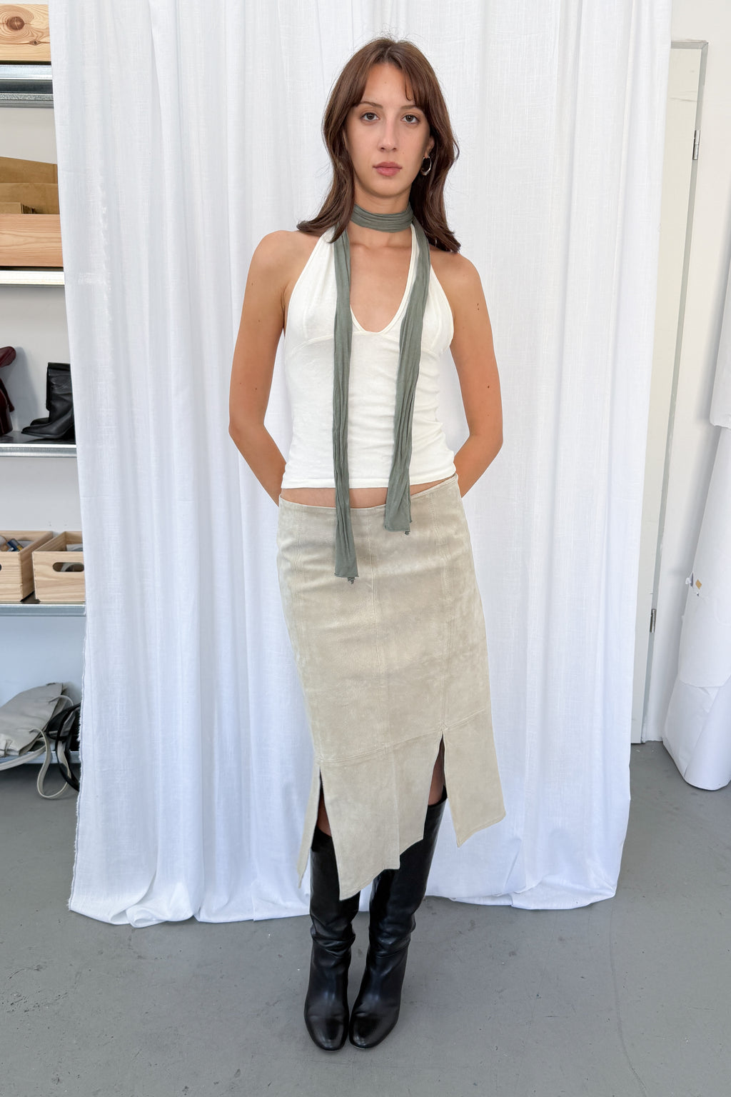 Beige Suede Skirt With Splits 2 - Size L