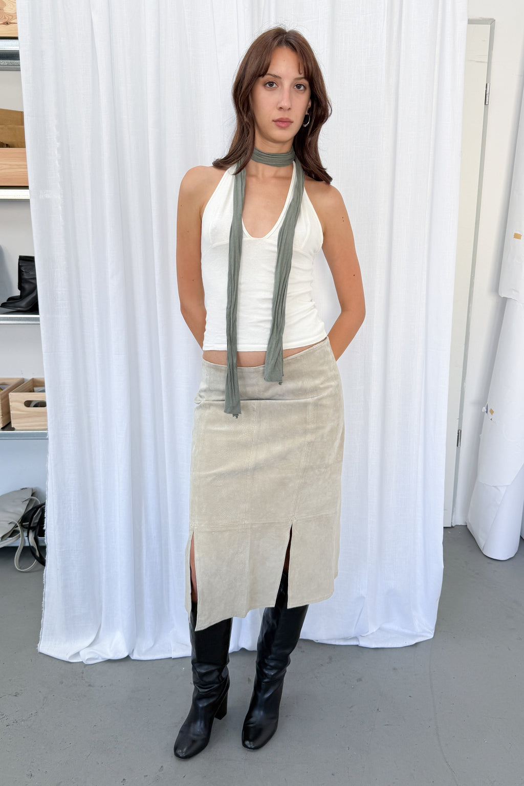 Beige Suede Skirt With Splits 2 - Size L