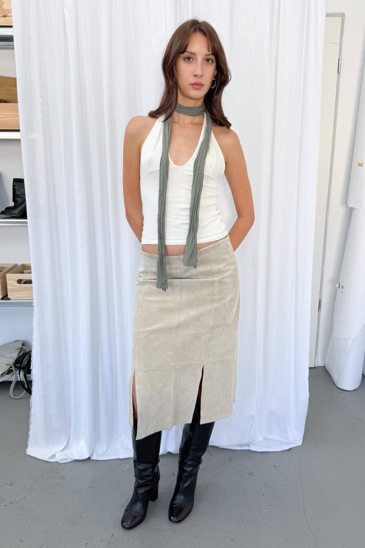 Beige Suede Skirt With Splits 2 - Size L