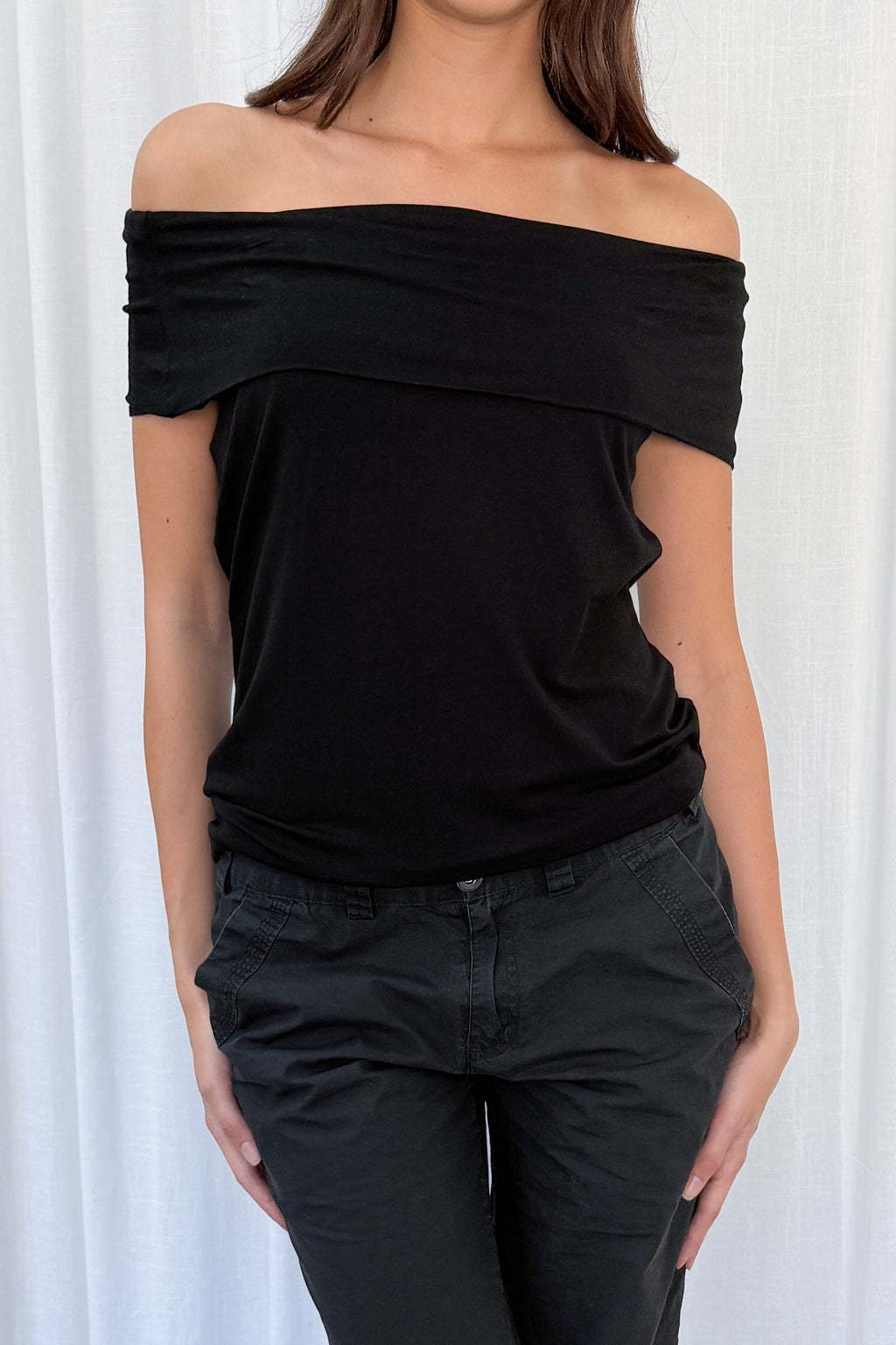 Black Off The Shoulder Top Short Sleeve 2 - Size L