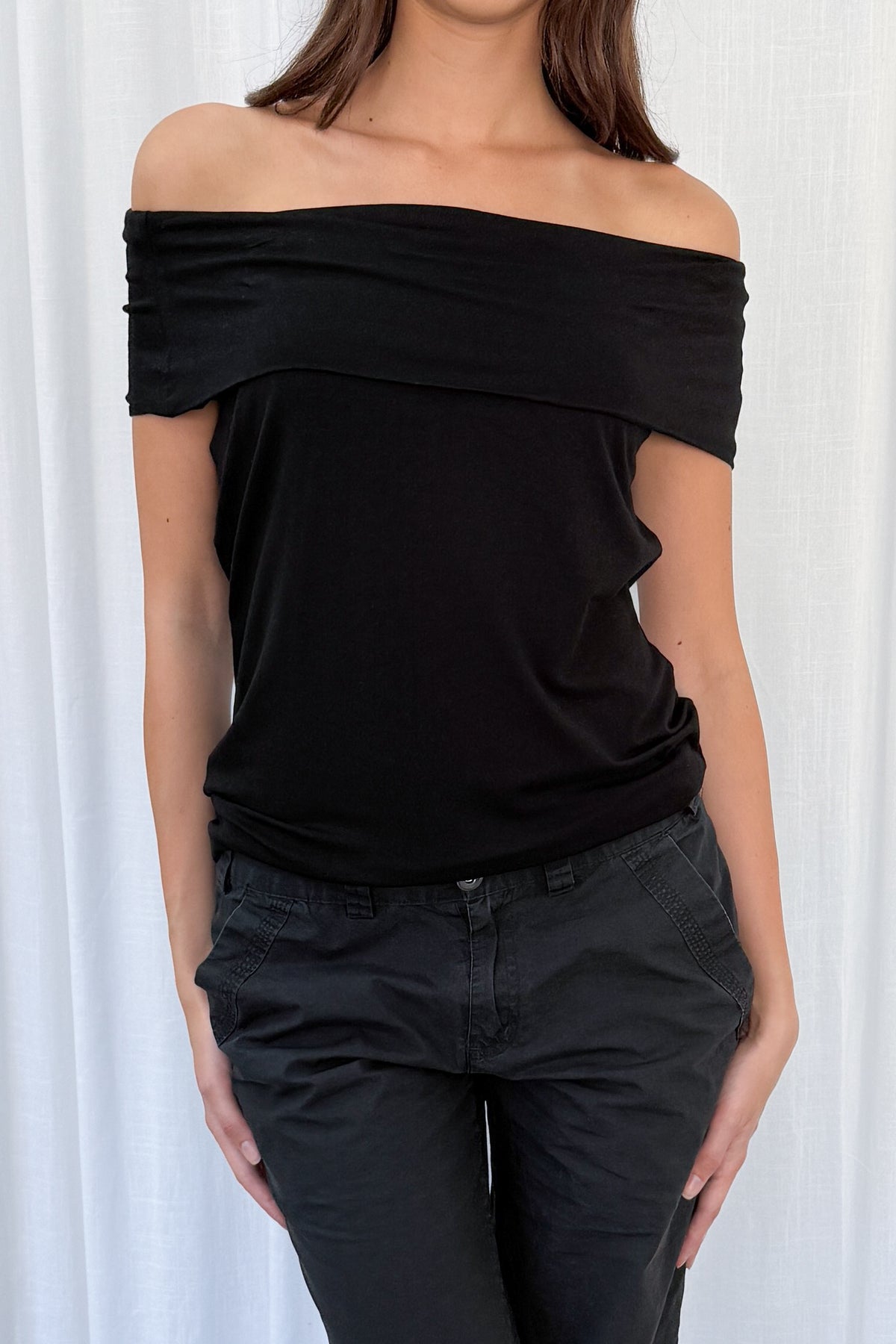 Black Off The Shoulder Top Short Sleeve 2 - Size L