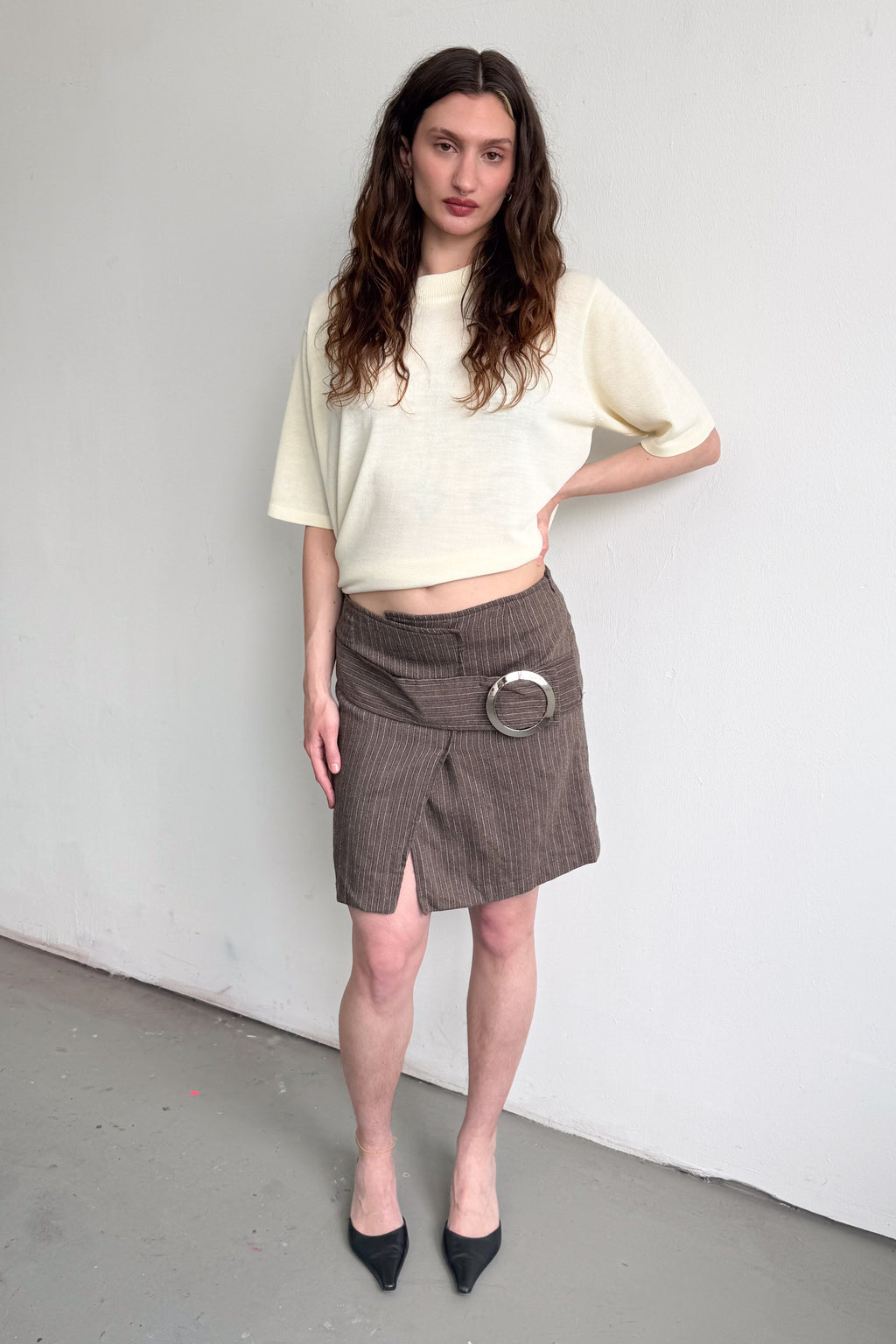 Brown Striped Skirt With Clasp - Size M
