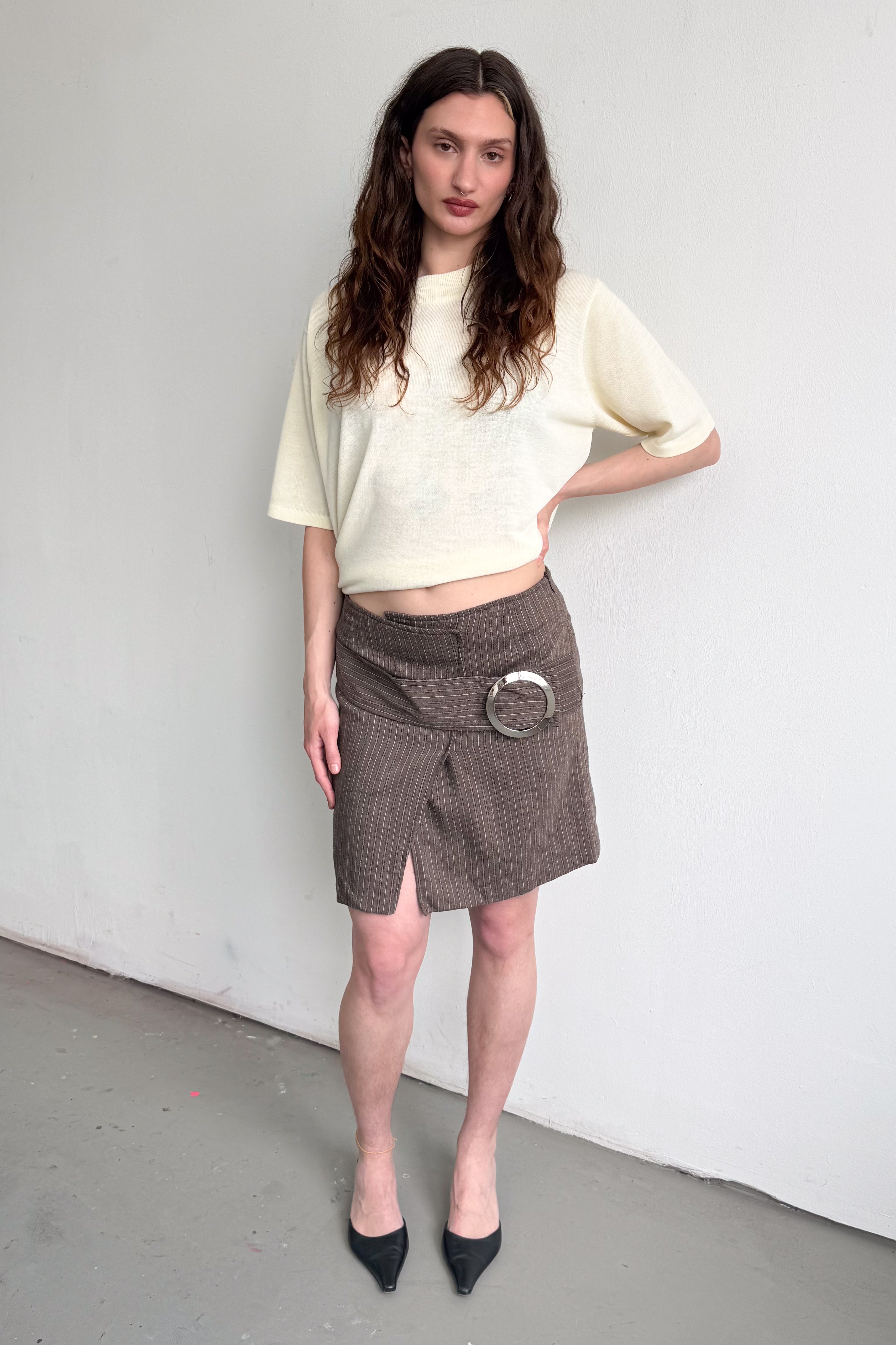 Brown Striped Skirt With Clasp - Size M