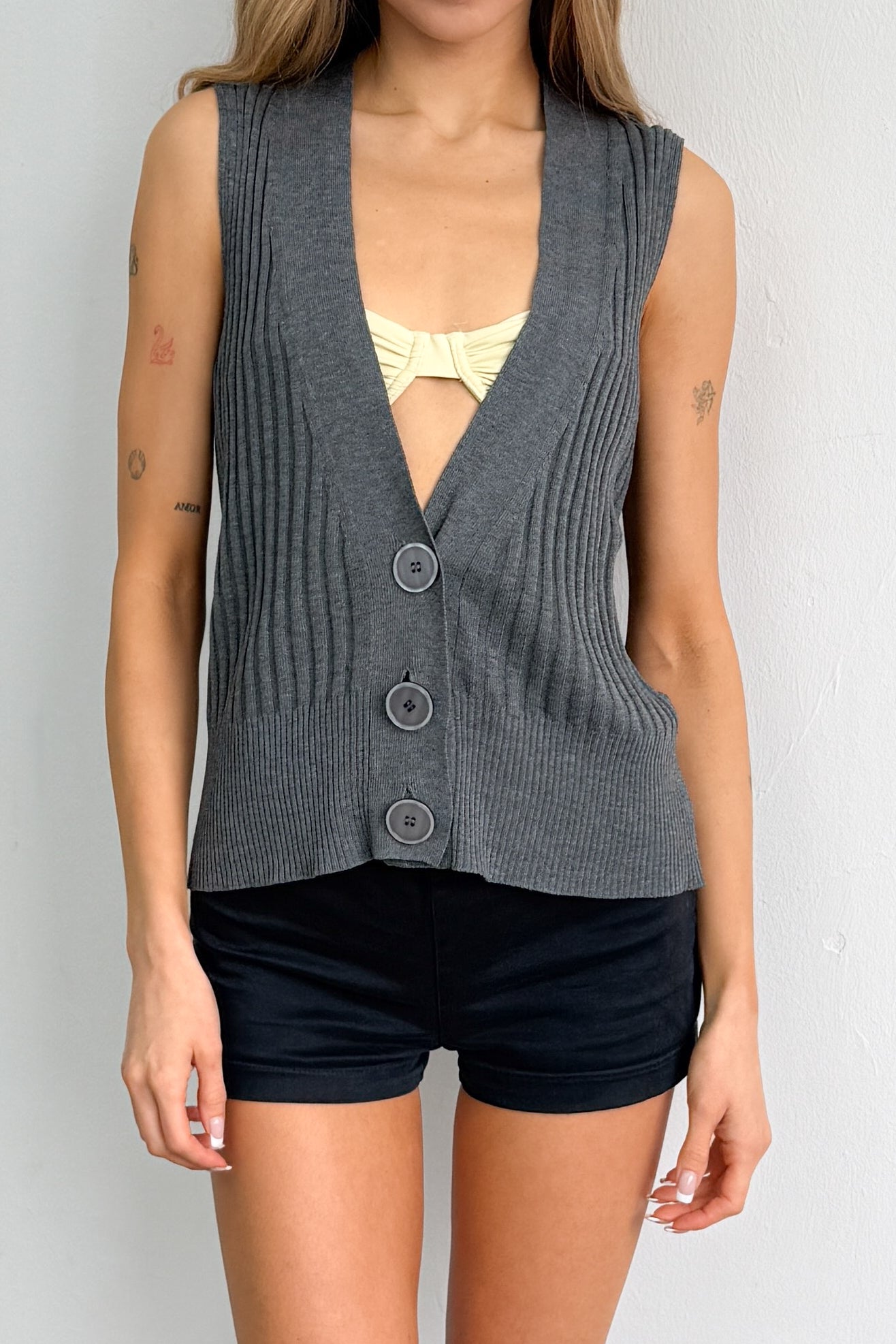 Grey Knit Top Deep V-Neck - Size S/M