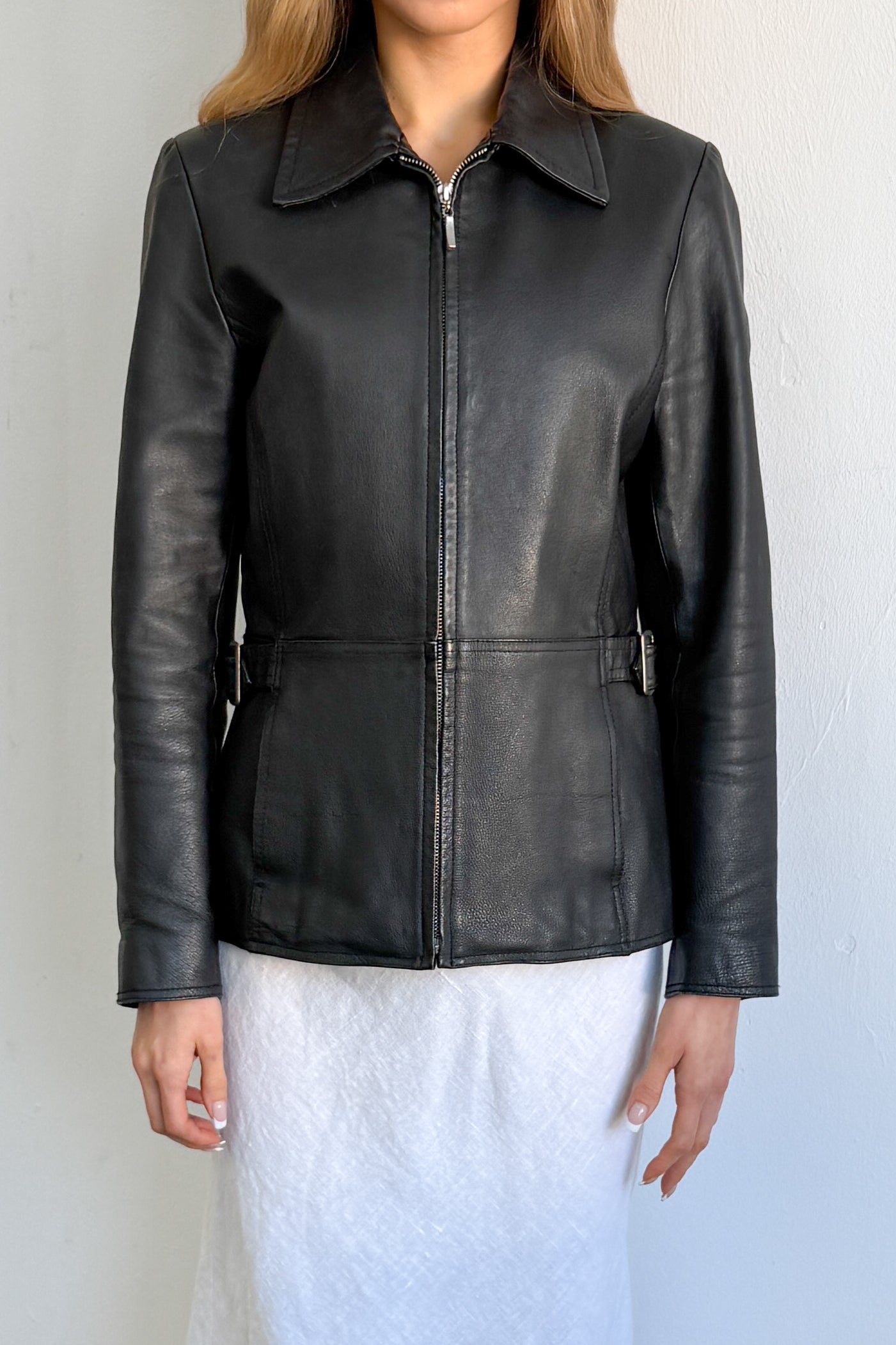 Black Leather Jacket Tailored - Size S