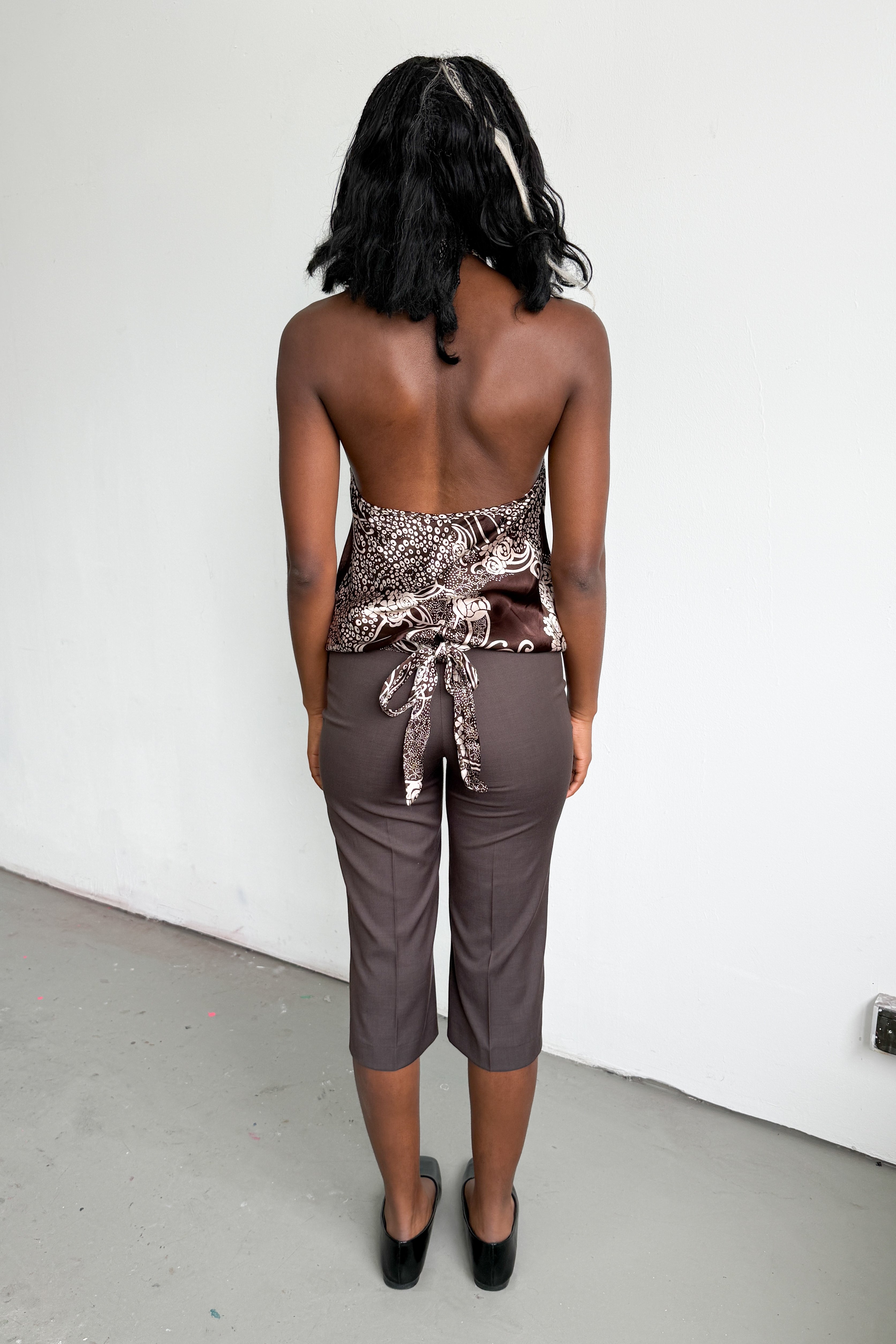 Halterneck Top Brown Beige Print