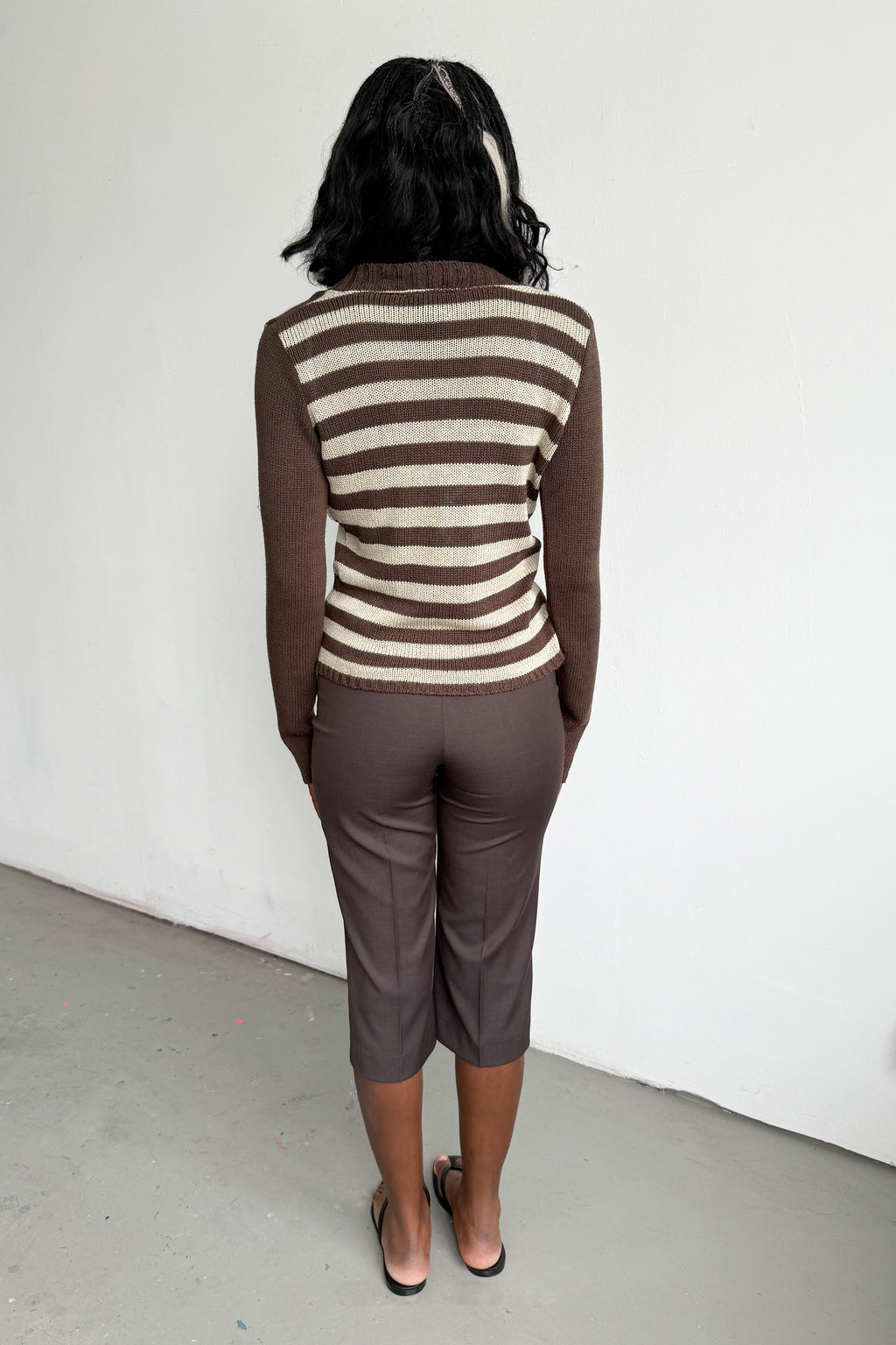 Beige Brown Striped Knit Jumper Deep VNeck