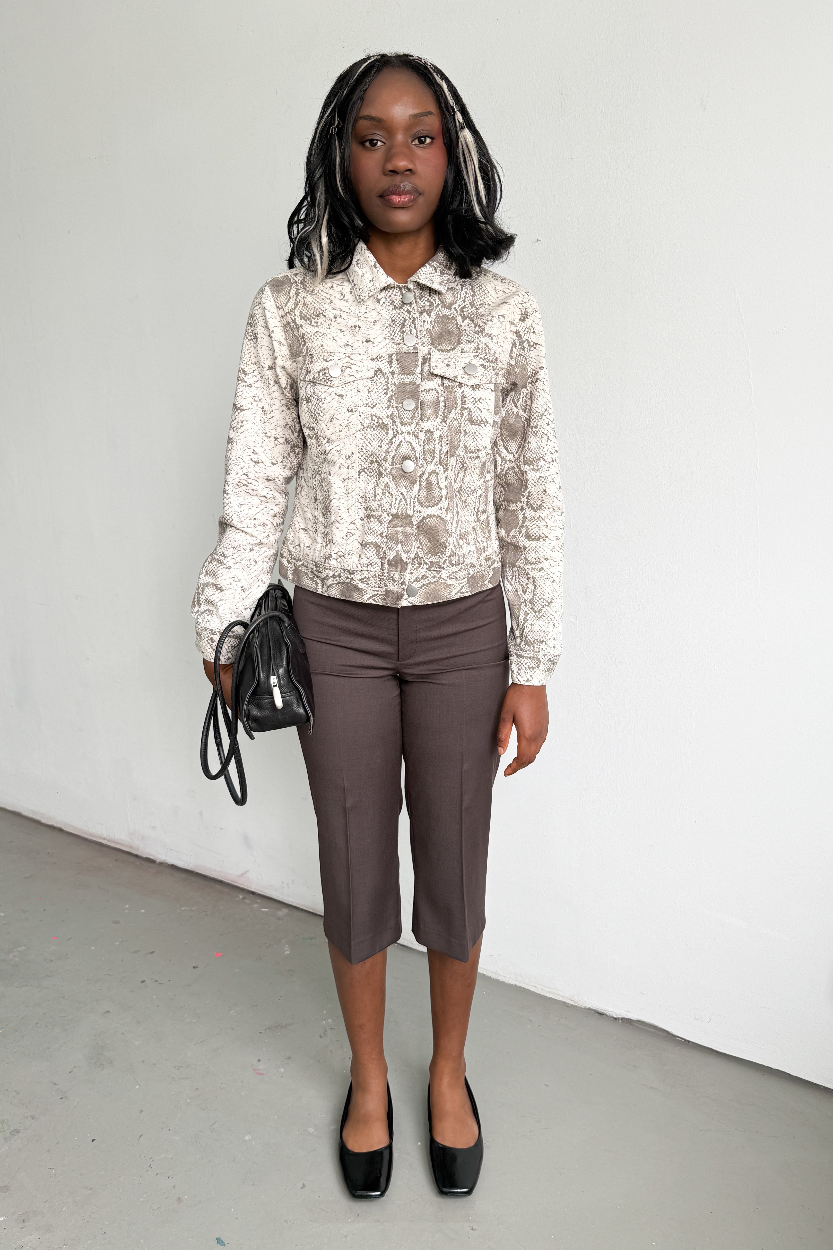 Denim Jacket Snake Print Beige Brown