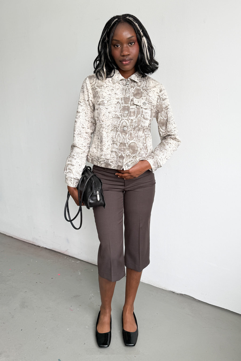 Denim Jacket Snake Print Beige Brown