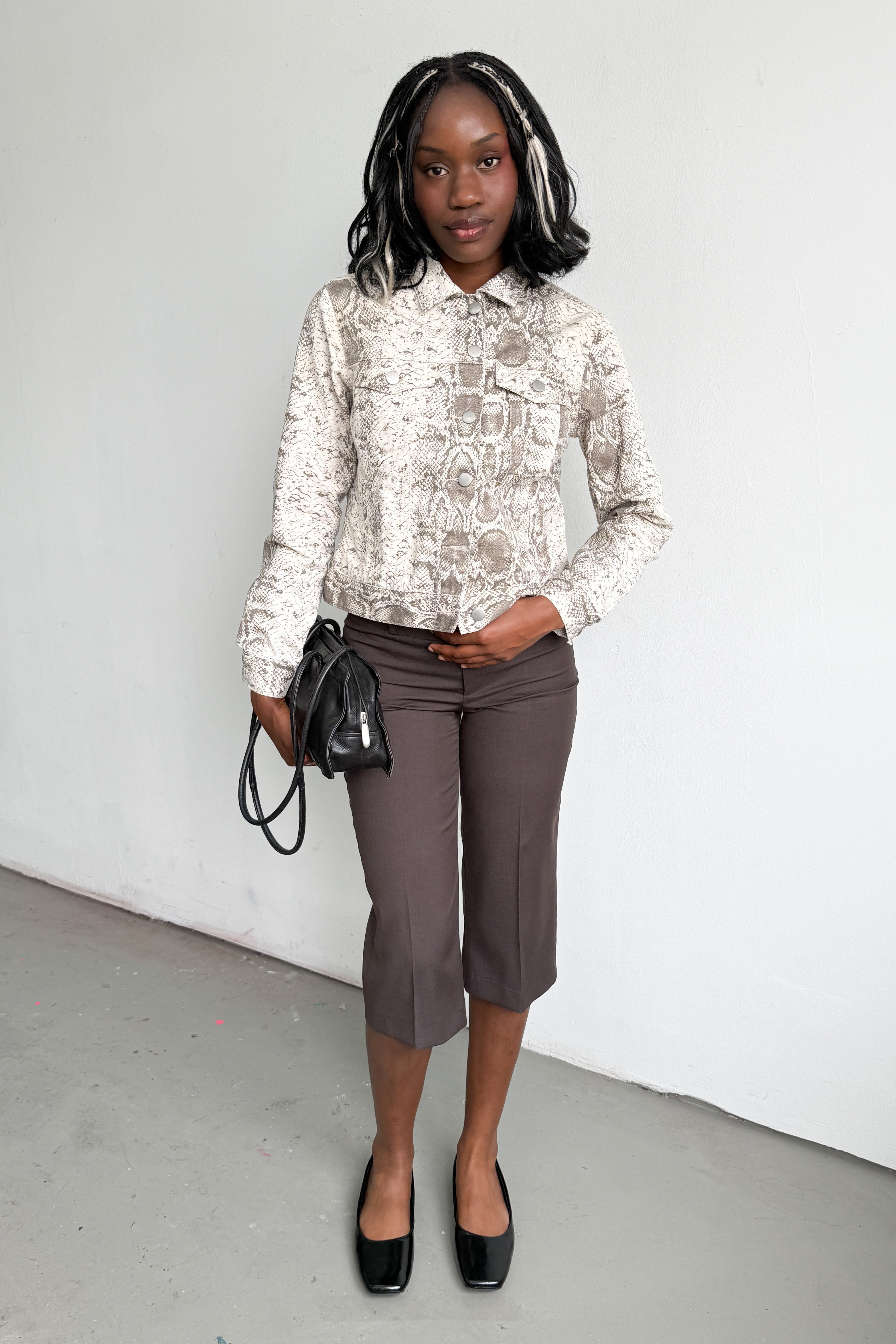 Denim Jacket Snake Print Beige Brown