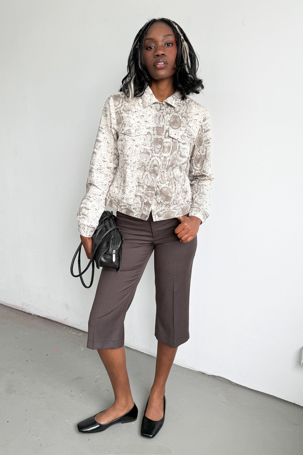 Denim Jacket Snake Print Beige Brown