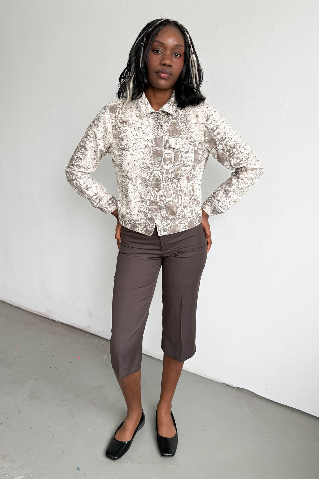 Denim Jacket Snake Print Beige Brown
