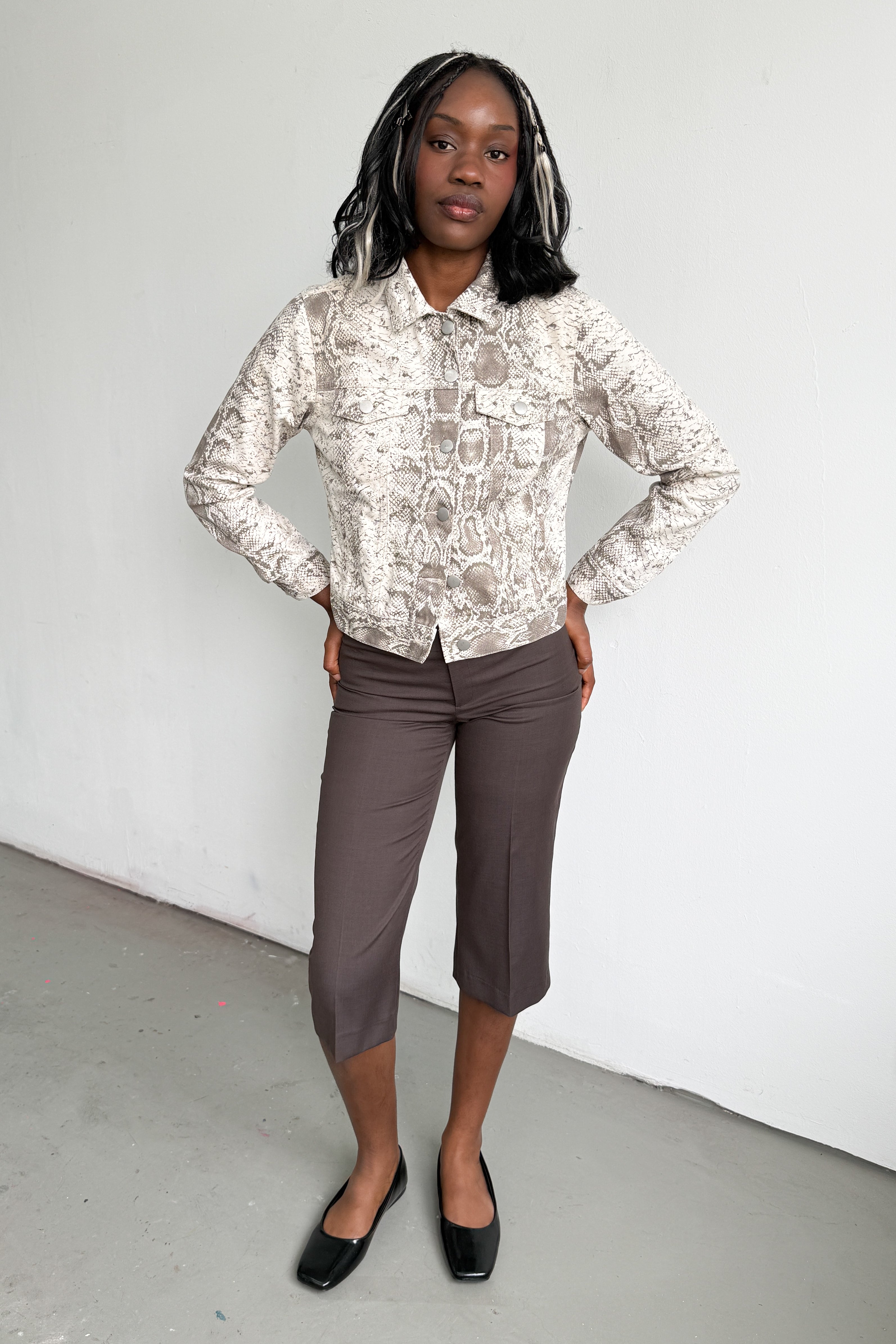 Denim Jacket Snake Print Beige Brown